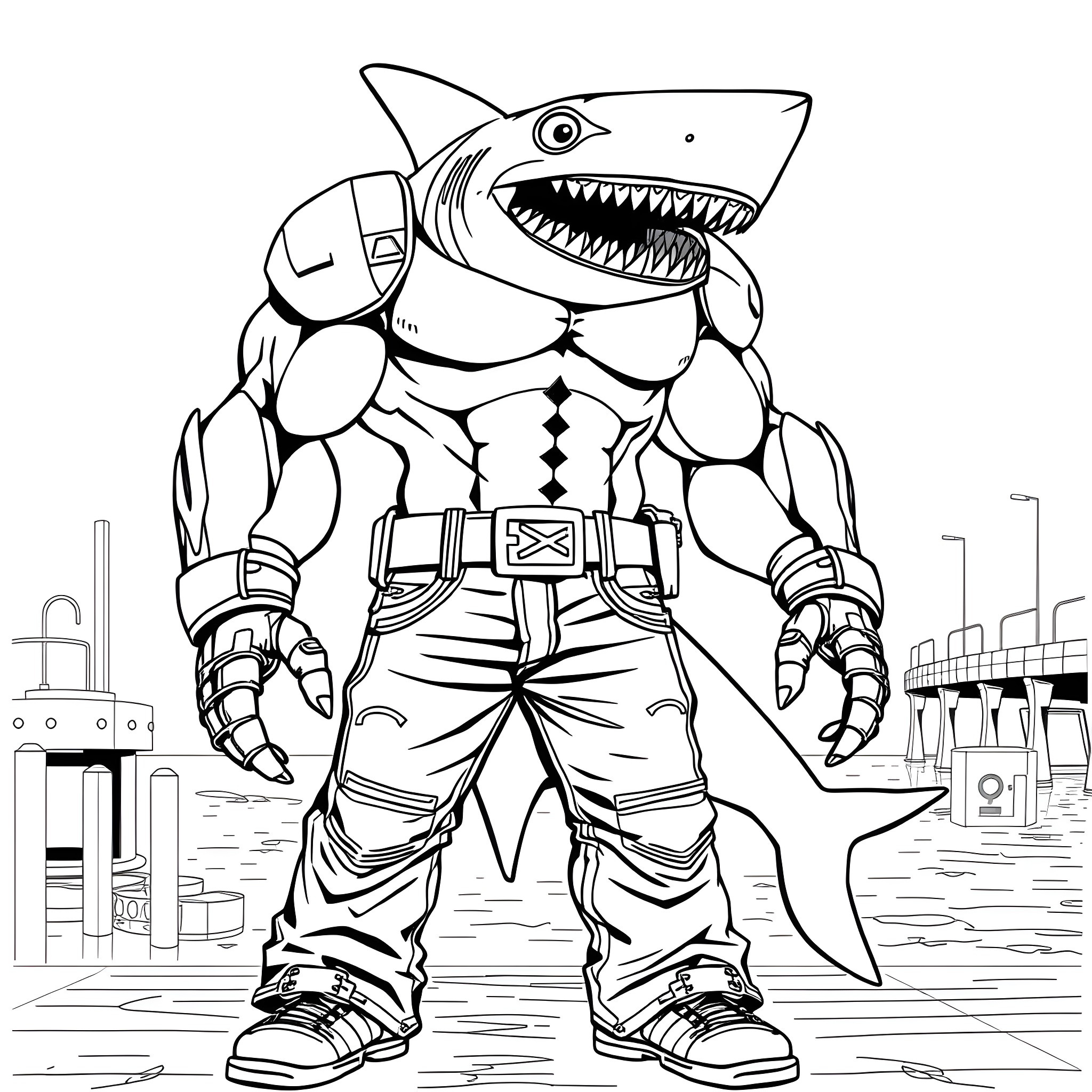 Shark warrior standing tall and ready for action Coloring Page (free black-and-white line drawing printable PDF for all, from beginners to advanced learners, including children, teens, adults, and seniors)