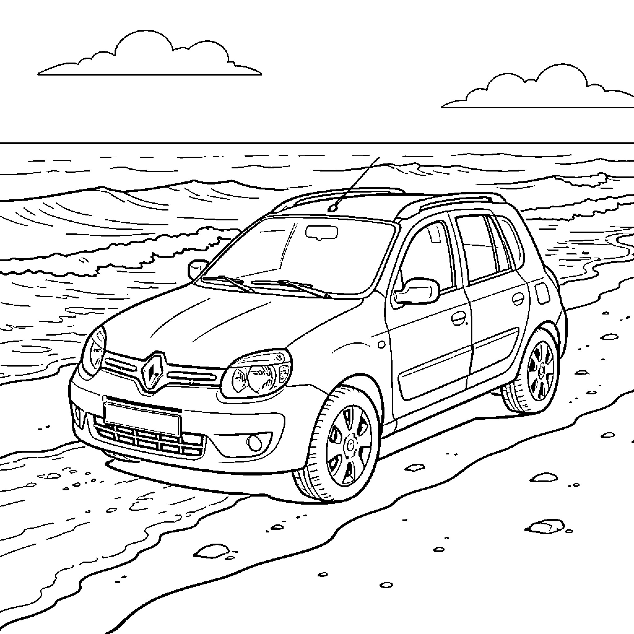 Renault 4 parked on a sandy beach by waves Coloring Page (free black-and-white line drawing printable PDF for all, from beginners to advanced learners, including children, teens, adults, and seniors)