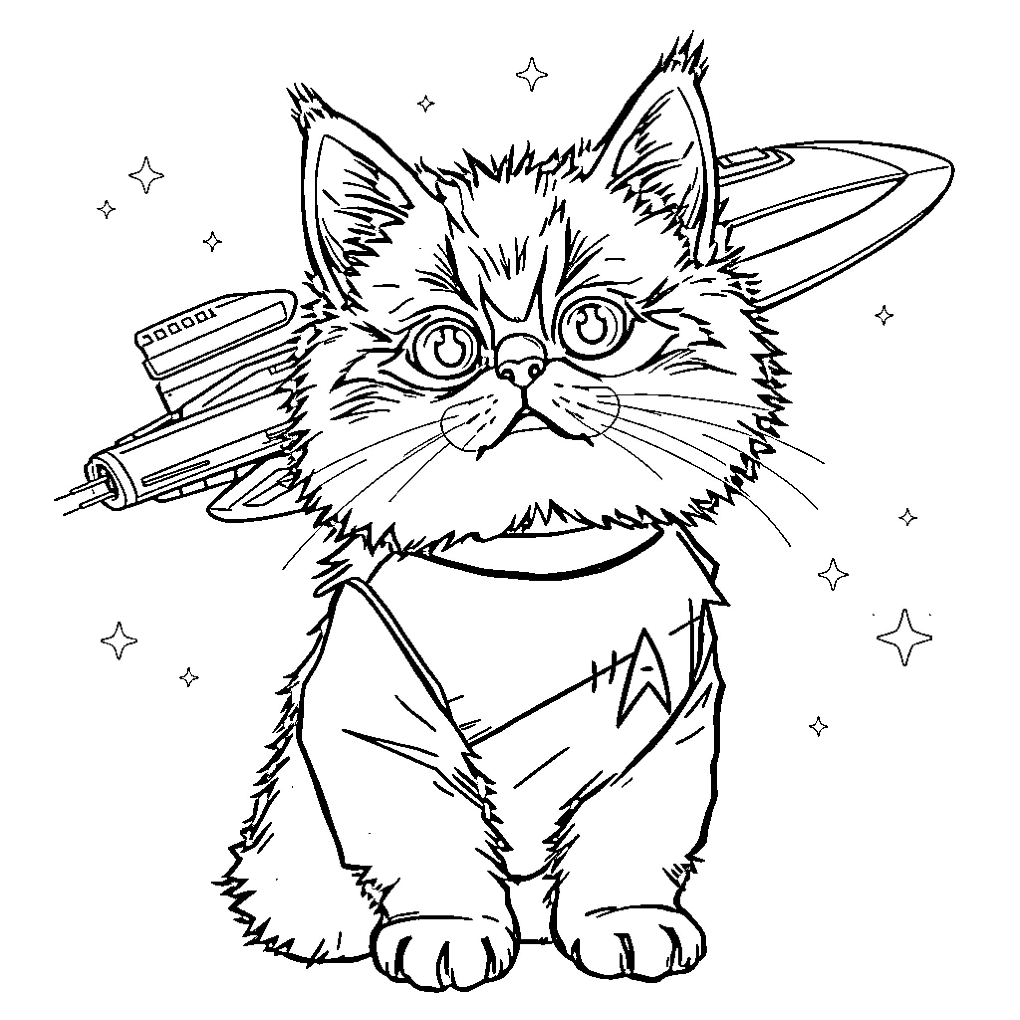 Cat in Cosmic Space Outfit Coloring Page (free black-and-white line drawing printable PDF for all, from beginners to advanced learners, including children, teens, adults, and seniors)