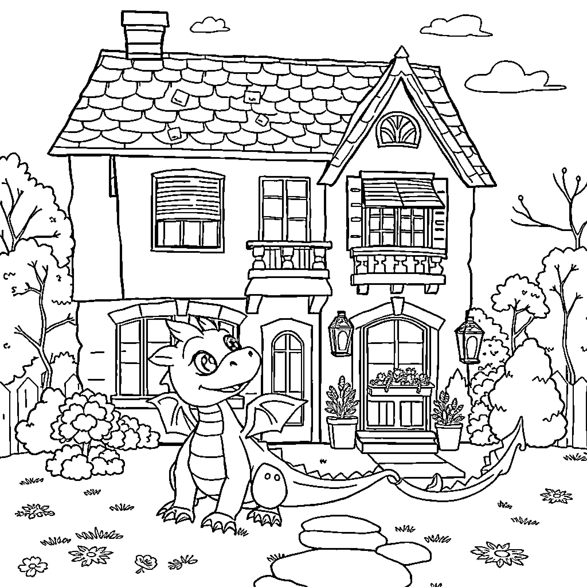 Dragon playing happily with birds in the garden Coloring Page (free black-and-white line drawing printable PDF for all, from beginners to advanced learners, including children, teens, adults, and seniors)