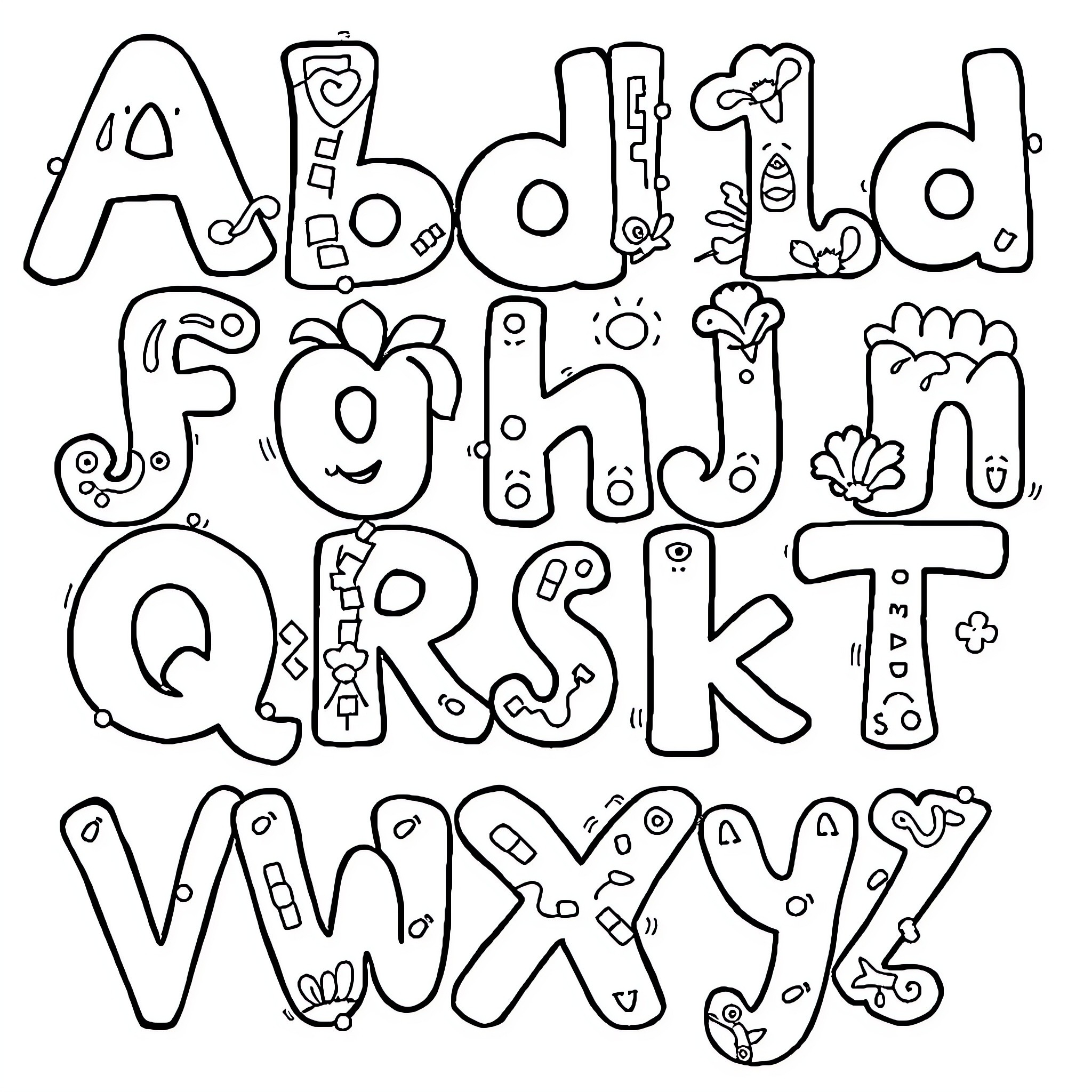 Alphabet doodle shapes and patterns Coloring Page (free black-and-white line drawing printable PDF for all, from beginners to advanced learners, including children, teens, adults, and seniors)