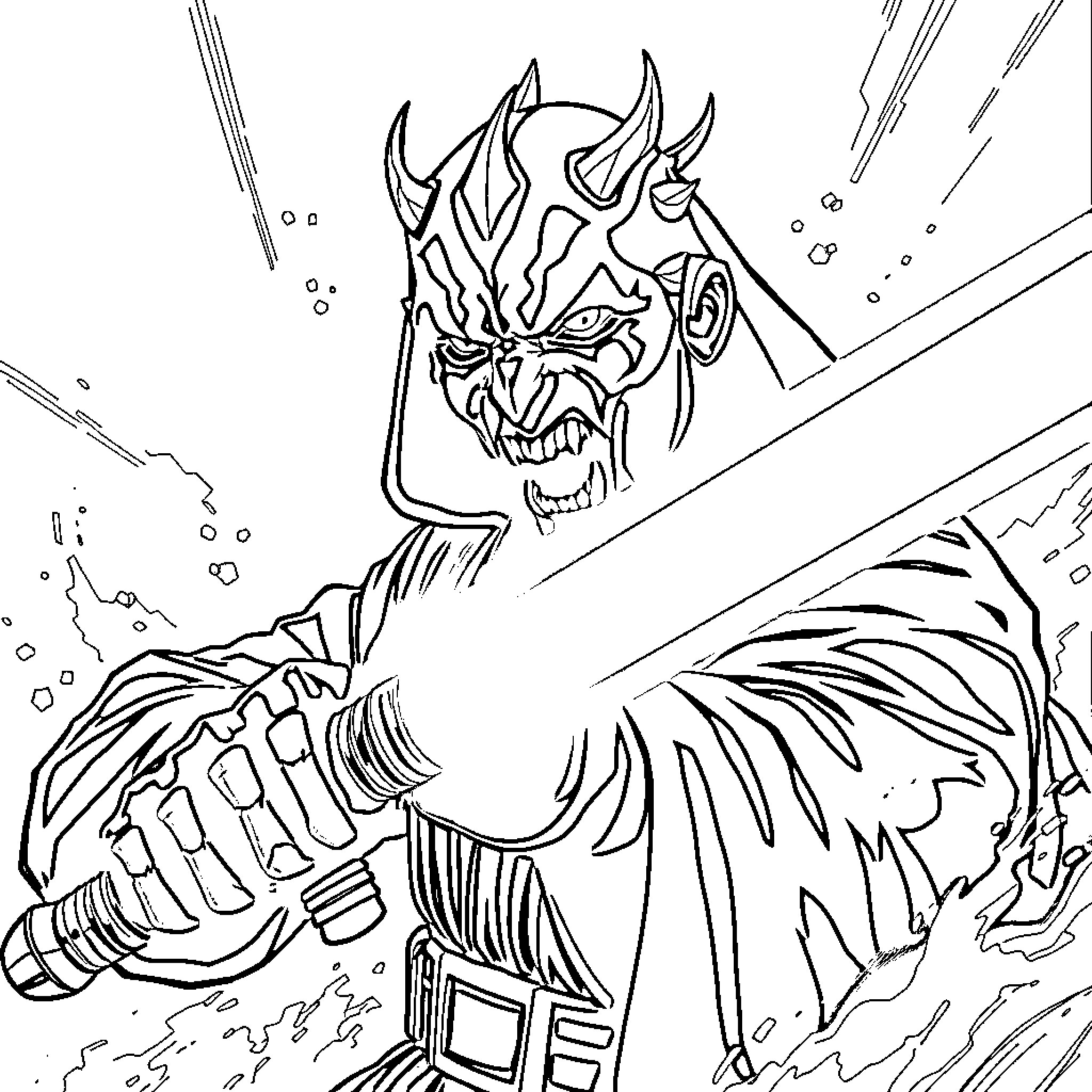 Darth Maul's Fierce Expression and Weaponry Coloring Page (free black-and-white line drawing printable PDF for all, from beginners to advanced learners, including children, teens, adults, and seniors)
