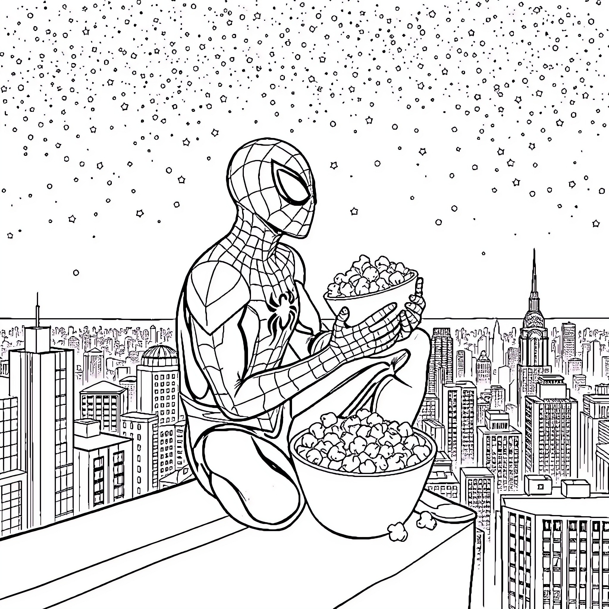 Spiderman enjoying a snack while overlooking the city Coloring Page (free black-and-white line drawing printable PDF for all, from beginners to advanced learners, including children, teens, adults, and seniors)