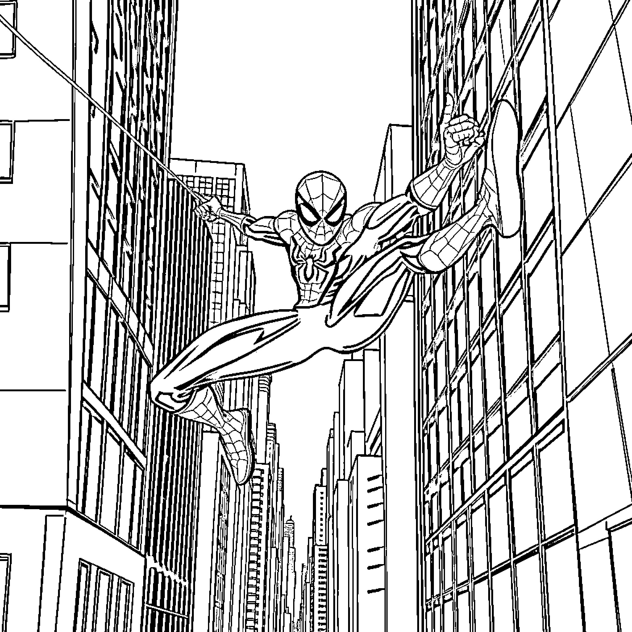 Spider-Man swinging through the city skyline Coloring Page (free black-and-white line drawing printable PDF for all, from beginners to advanced learners, including children, teens, adults, and seniors)