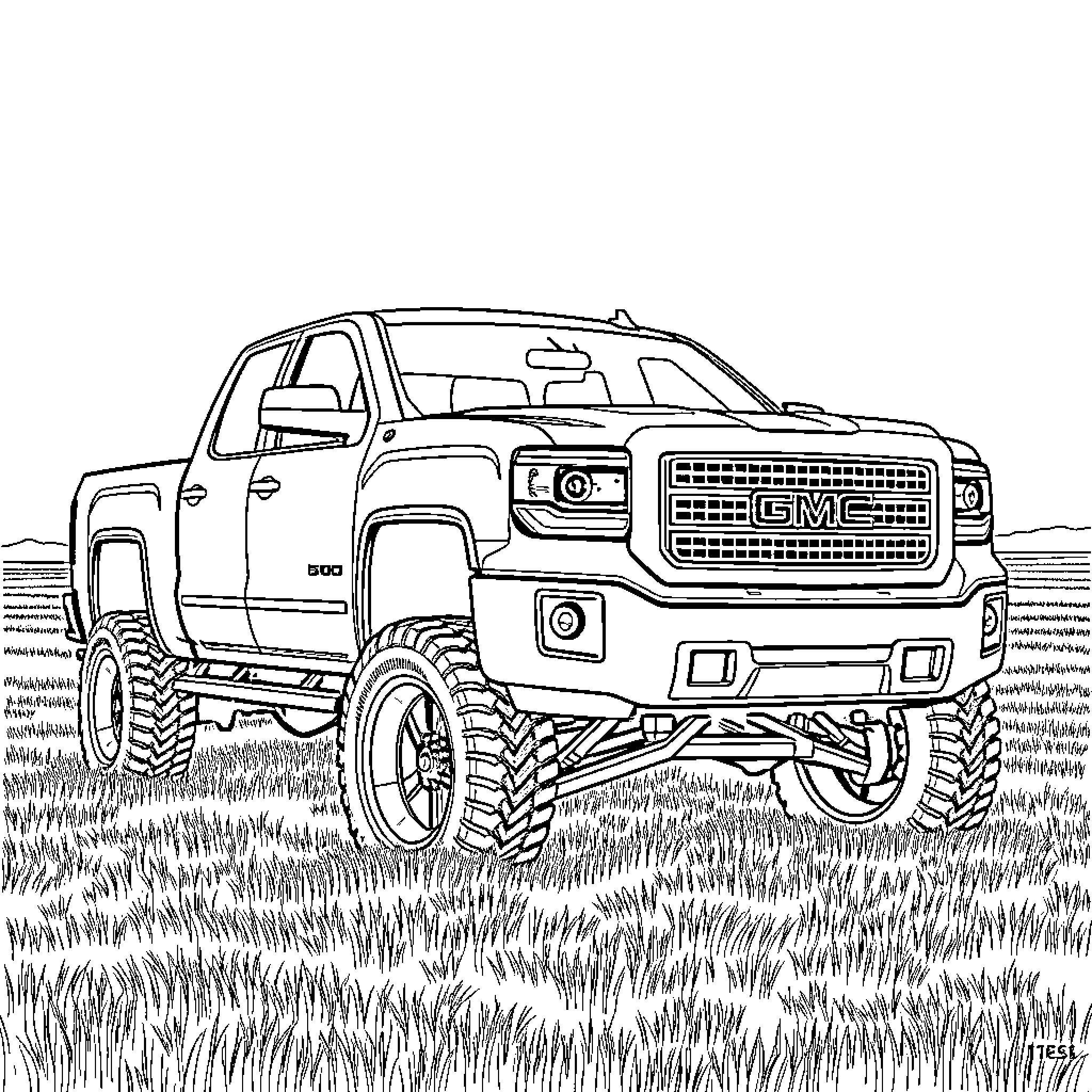 GMC Pickup Truck Exploring Rugged Terrain Coloring Page (free black-and-white line drawing printable PDF for all, from beginners to advanced learners, including children, teens, adults, and seniors)