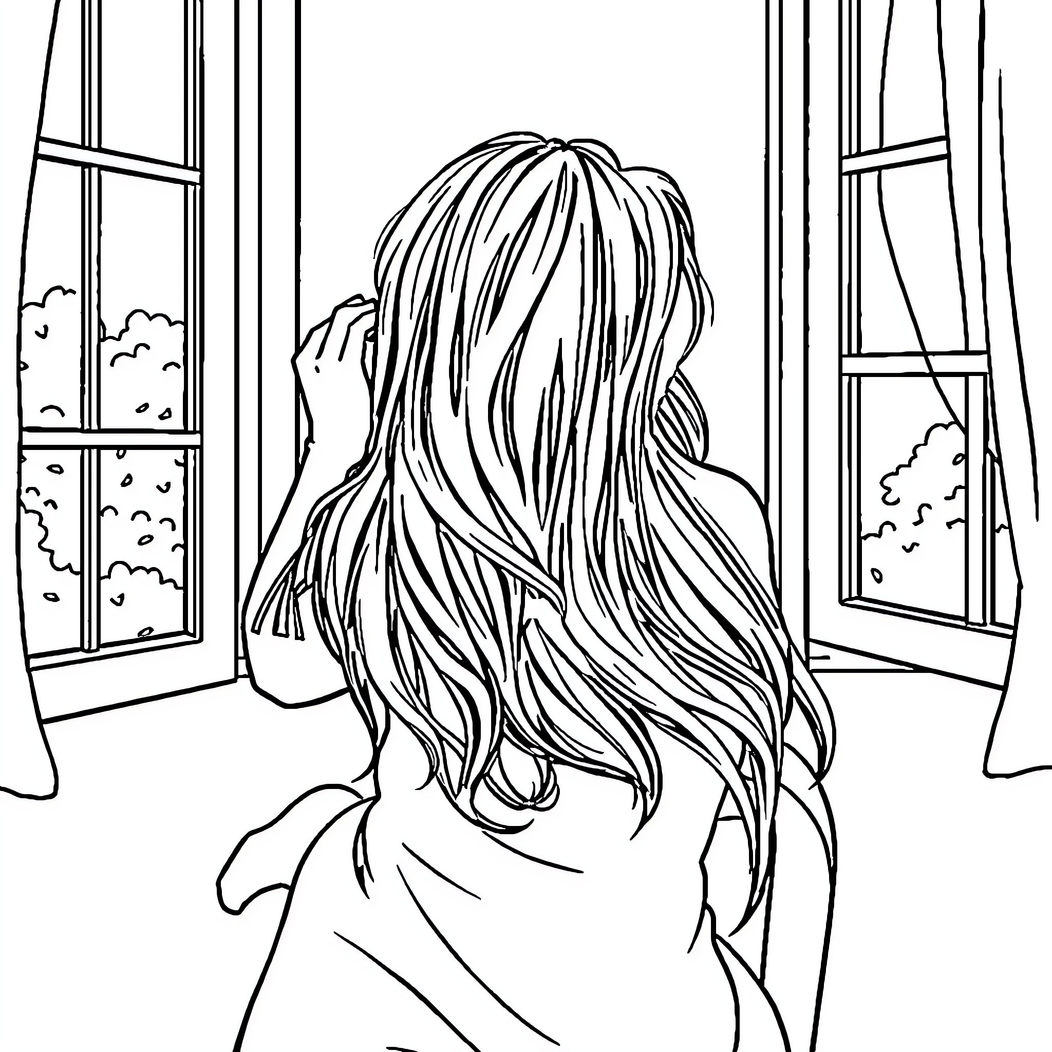 Raiponce looking wistfully out the window Coloring Page (free black-and-white line drawing printable PDF for all, from beginners to advanced learners, including children, teens, adults, and seniors)