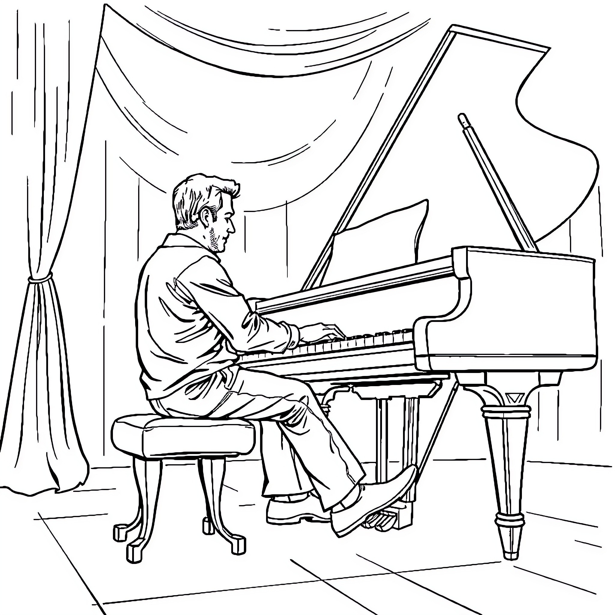Man playing piano on stage with curtains Coloring Page (free black-and-white line drawing printable PDF for all, from beginners to advanced learners, including children, teens, adults, and seniors)
