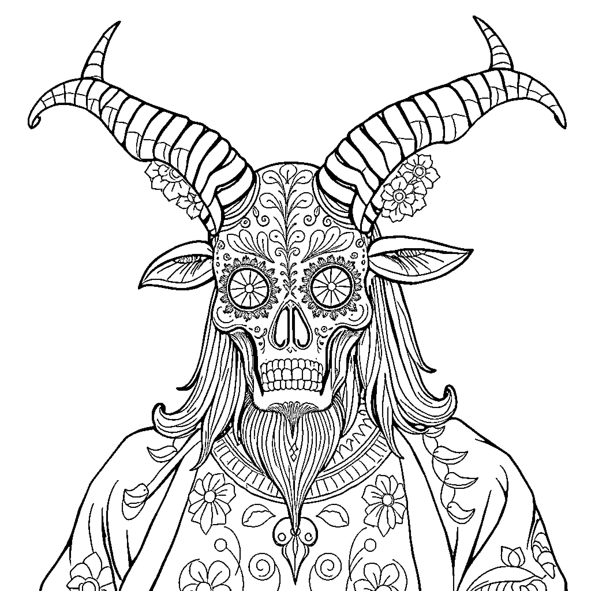 Baphomet - Ornate Goat-Headed Creature with Detailed Patterns Coloring Page (free black-and-white line drawing printable PDF for all, from beginners to advanced learners, including children, teens, adults, and seniors)