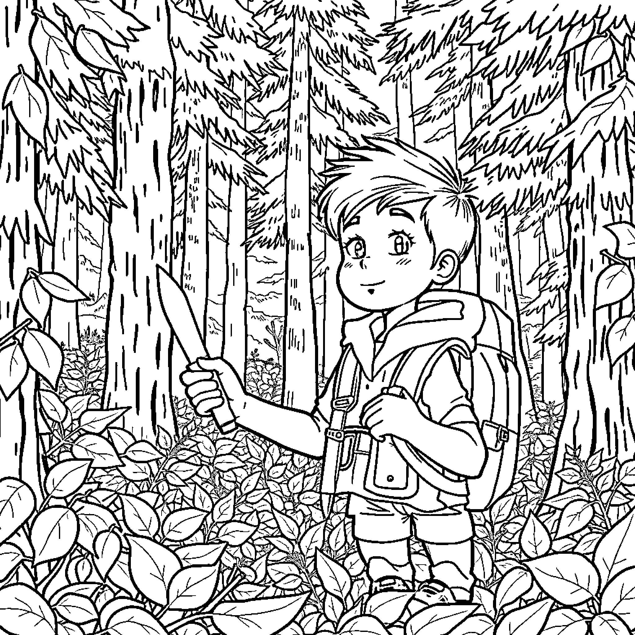 Boy exploring the lush forest landscape Coloring Page (free black-and-white line drawing printable PDF for all, from beginners to advanced learners, including children, teens, adults, and seniors)