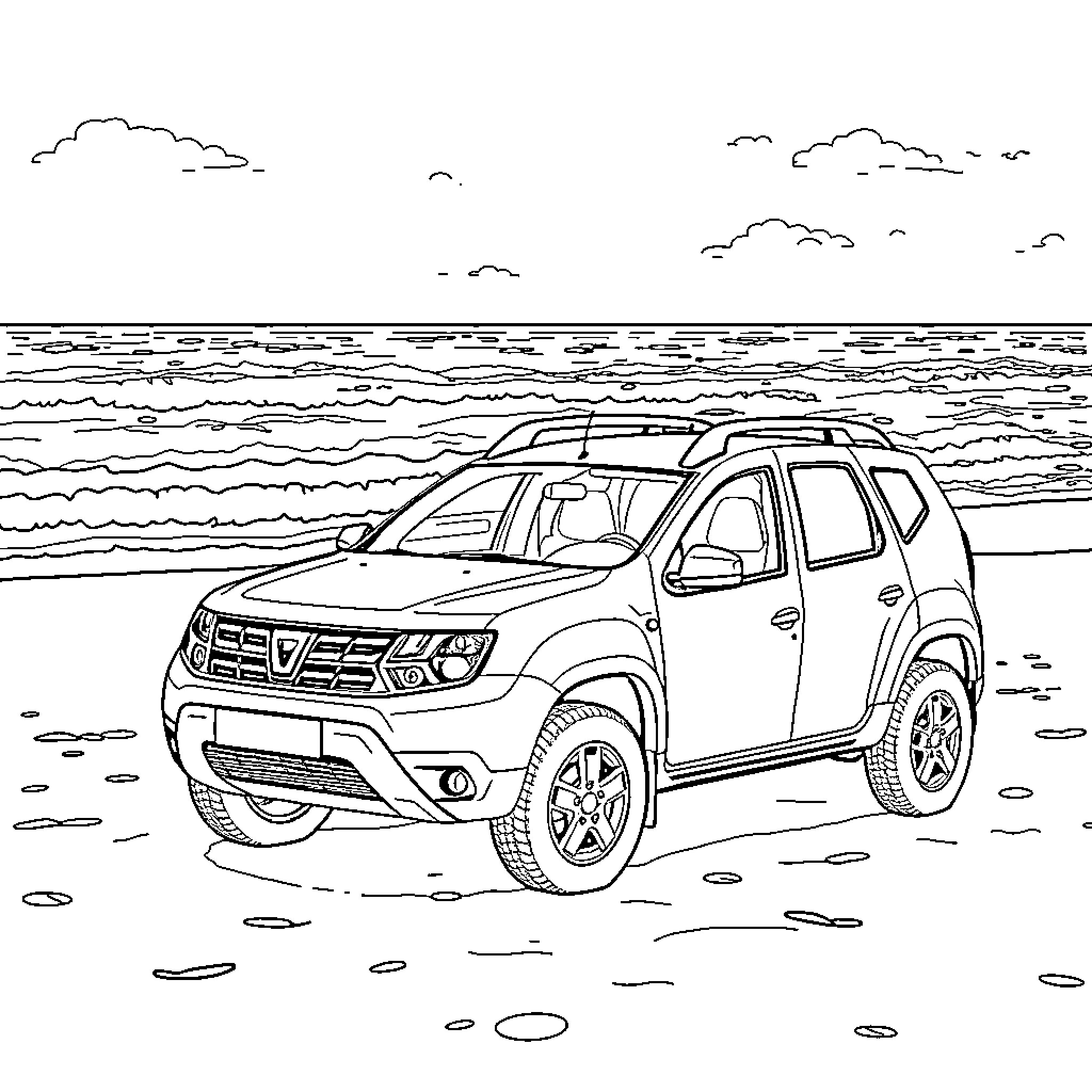 Dacia SUV on the beach Coloring Page (free black-and-white line drawing printable PDF for all, from beginners to advanced learners, including children, teens, adults, and seniors)