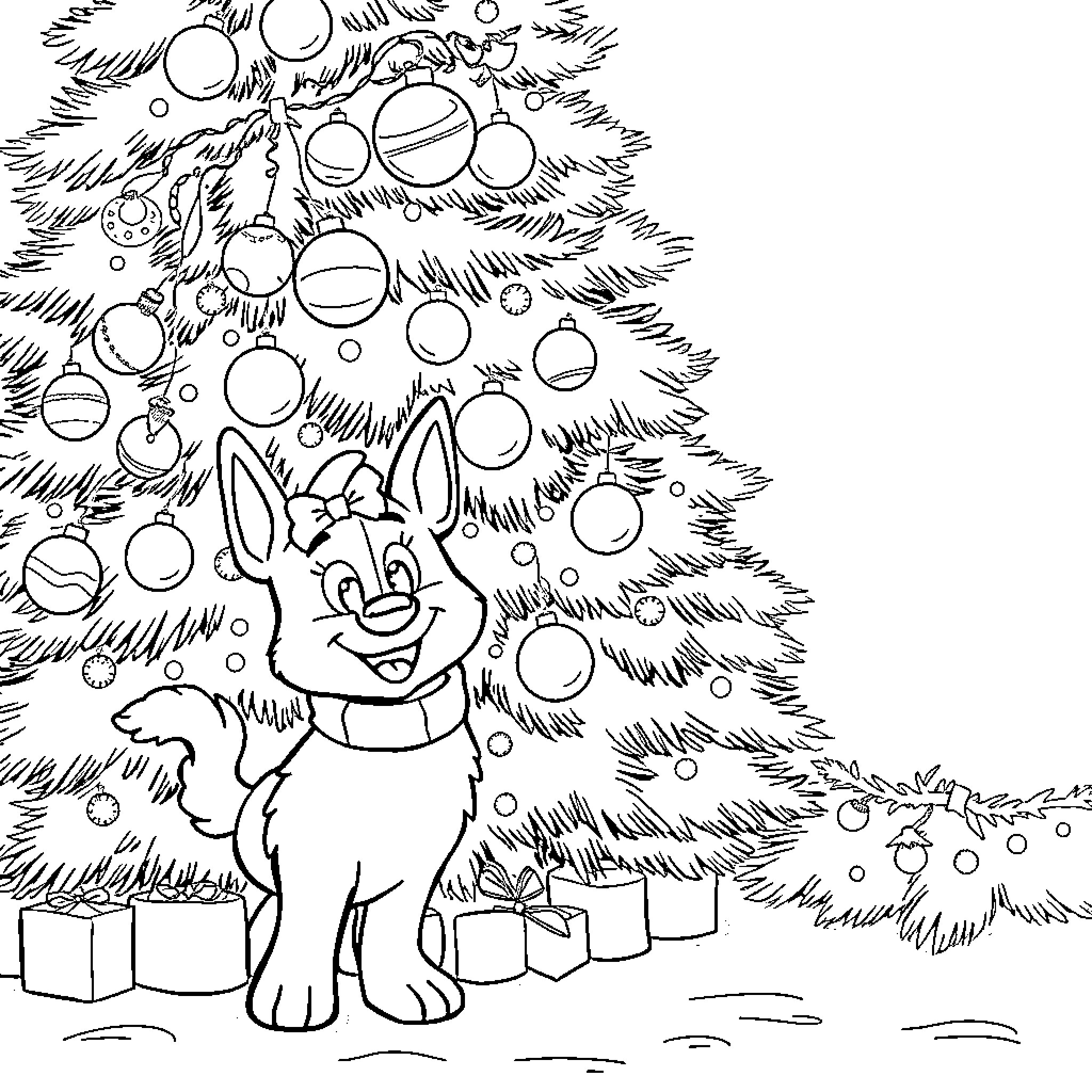 Bluey admiring the decorated Christmas tree Coloring Page (free black-and-white line drawing printable PDF for all, from beginners to advanced learners, including children, teens, adults, and seniors)