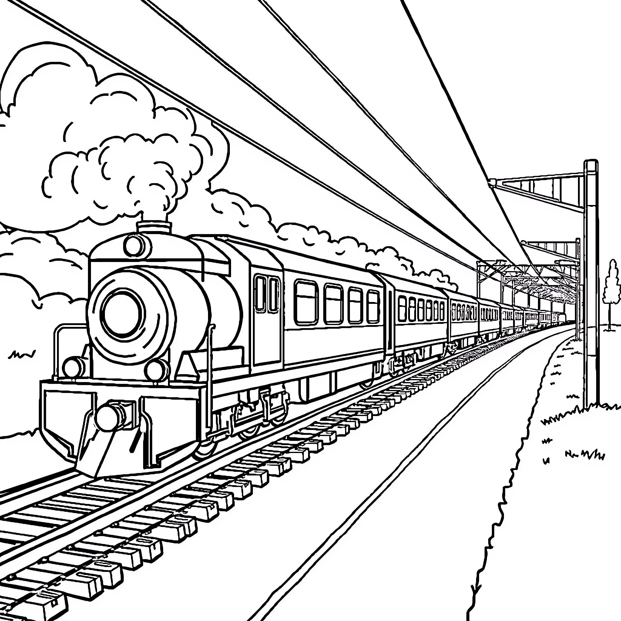 Train travelling along railway tracks in scenic landscape Coloring Page (free black-and-white line drawing printable PDF for all, from beginners to advanced learners, including children, teens, adults, and seniors)