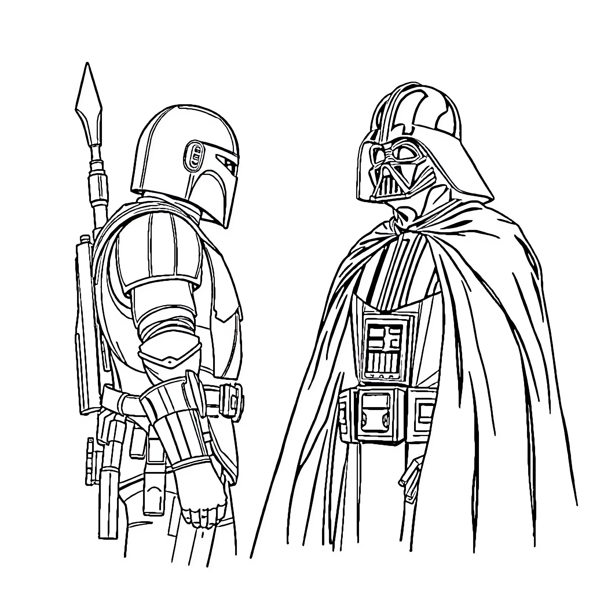 Mandalorian warriors in battle-ready poses Coloring Page (free black-and-white line drawing printable PDF for all, from beginners to advanced learners, including children, teens, adults, and seniors)
