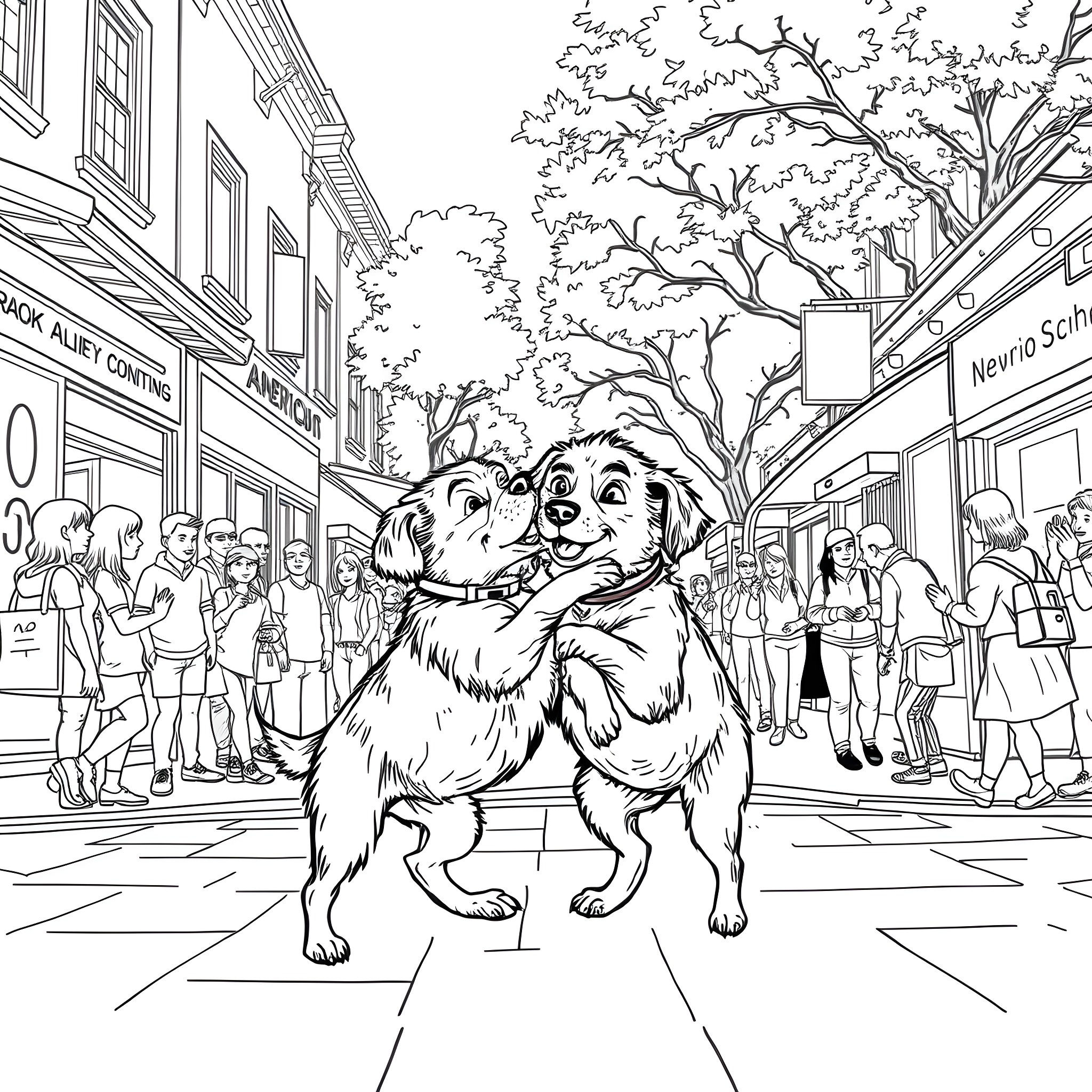 Dog companions exploring a bustling city street Coloring Page (free black-and-white line drawing printable PDF for all, from beginners to advanced learners, including children, teens, adults, and seniors)