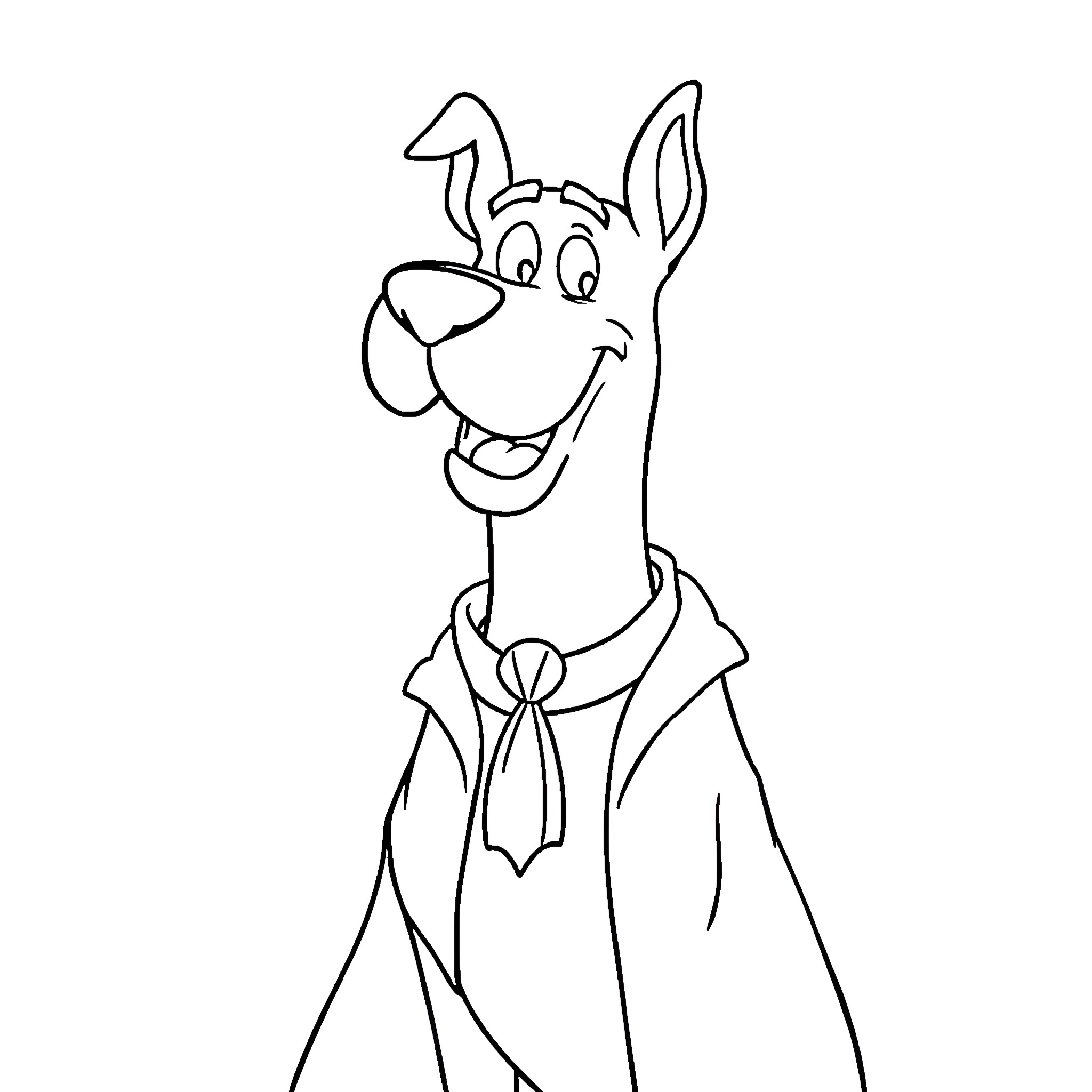 Scooby Doo smiling and wearing a tie Coloring Page (free black-and-white line drawing printable PDF for all, from beginners to advanced learners, including children, teens, adults, and seniors)