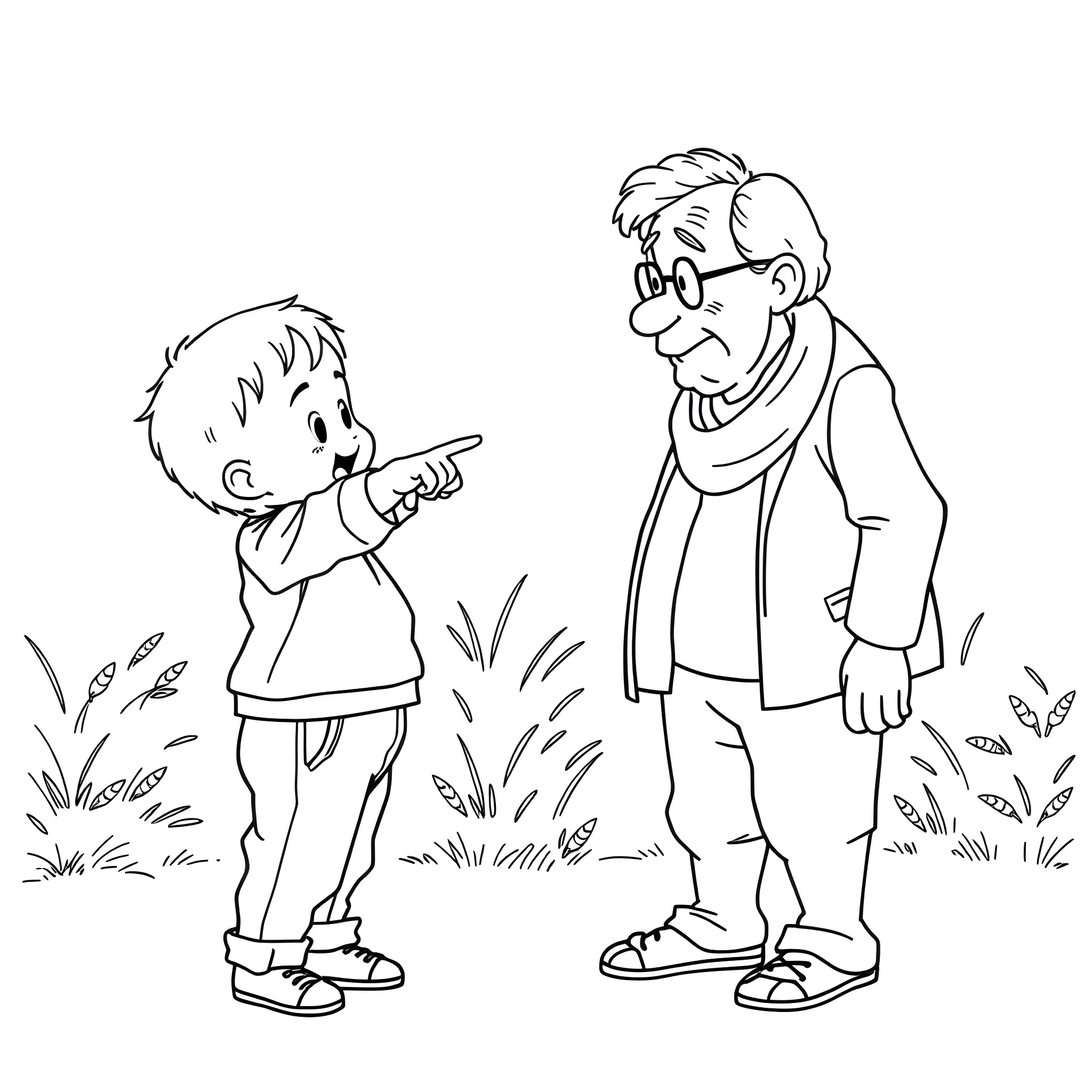 Toddler pointing at an older man in a park Coloring Page (free black-and-white line drawing printable PDF for all, from beginners to advanced learners, including children, teens, adults, and seniors)