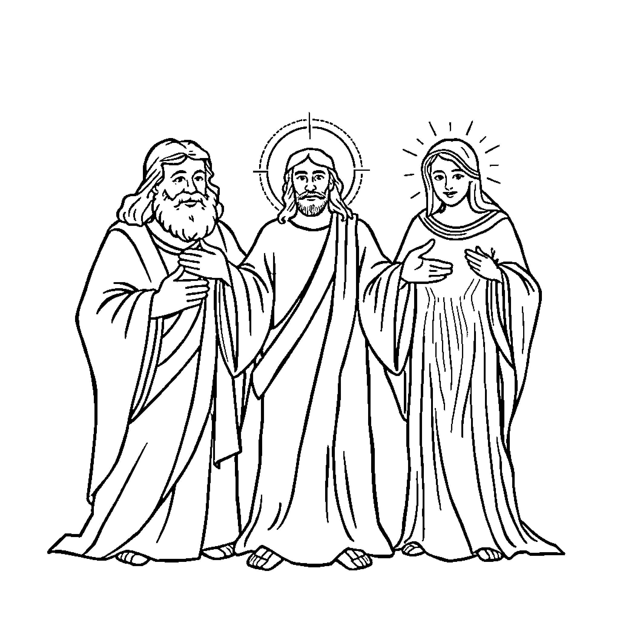 Trinity of Holy Figures in Flowing Robes Coloring Page (free black-and-white line drawing printable PDF for all, from beginners to advanced learners, including children, teens, adults, and seniors)
