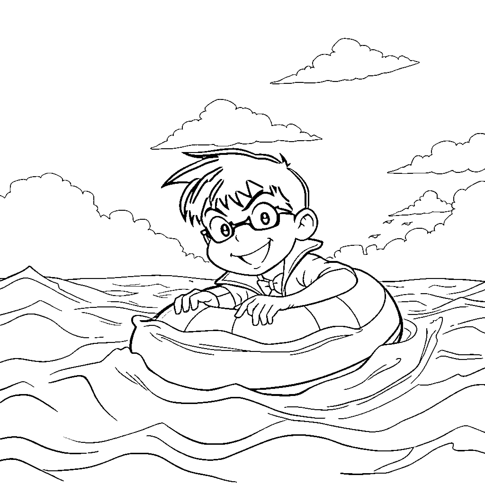 Detective Conan swimming through waves Coloring Page (free black-and-white line drawing printable PDF for all, from beginners to advanced learners, including children, teens, adults, and seniors)