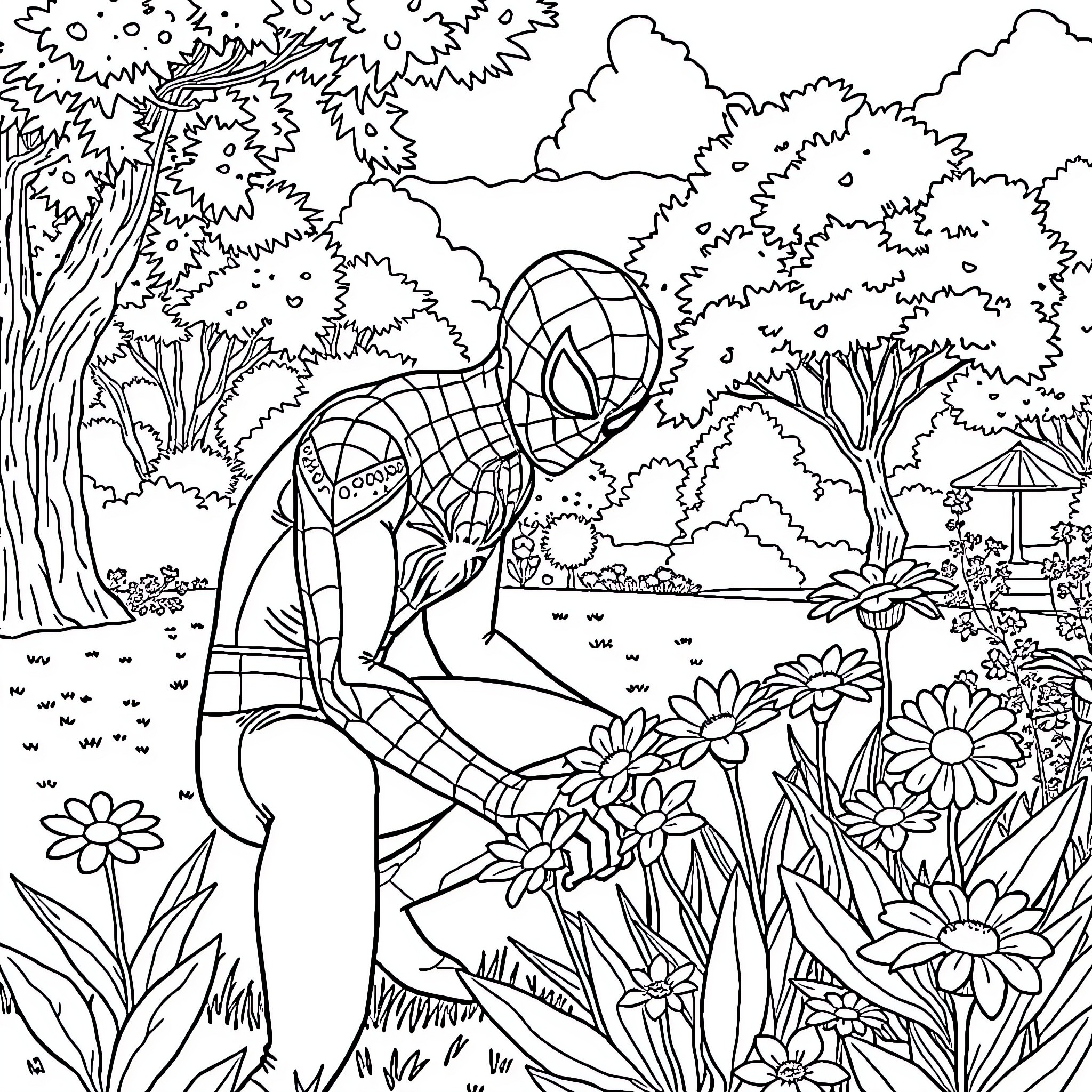 Spider-Man enjoying nature's beauty in a lush garden Coloring Page (free black-and-white line drawing printable PDF for all, from beginners to advanced learners, including children, teens, adults, and seniors)