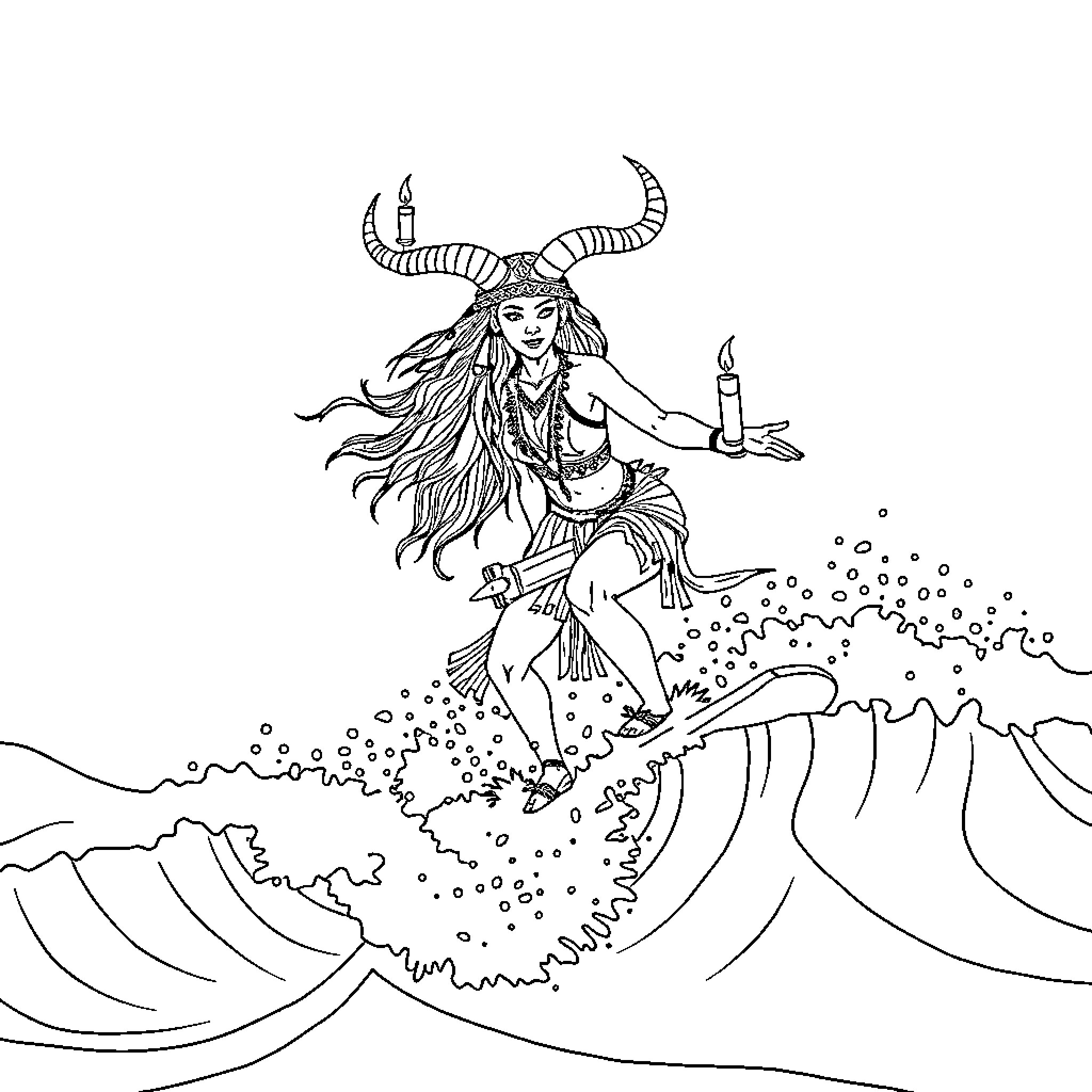 Woman in horned costume dancing with candles Coloring Page (free black-and-white line drawing printable PDF for all, from beginners to advanced learners, including children, teens, adults, and seniors)