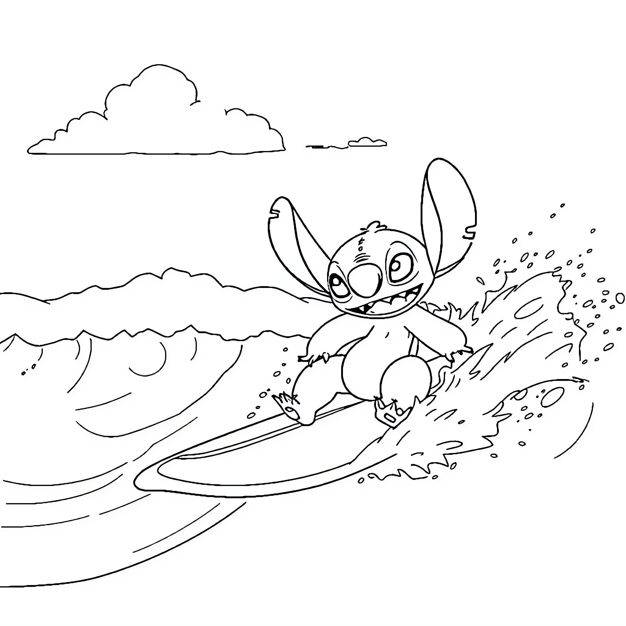 Lilo And Stitch Surfing Fun Coloring Page (free black-and-white line drawing printable PDF for all, from beginners to advanced learners, including children, teens, adults, and seniors)