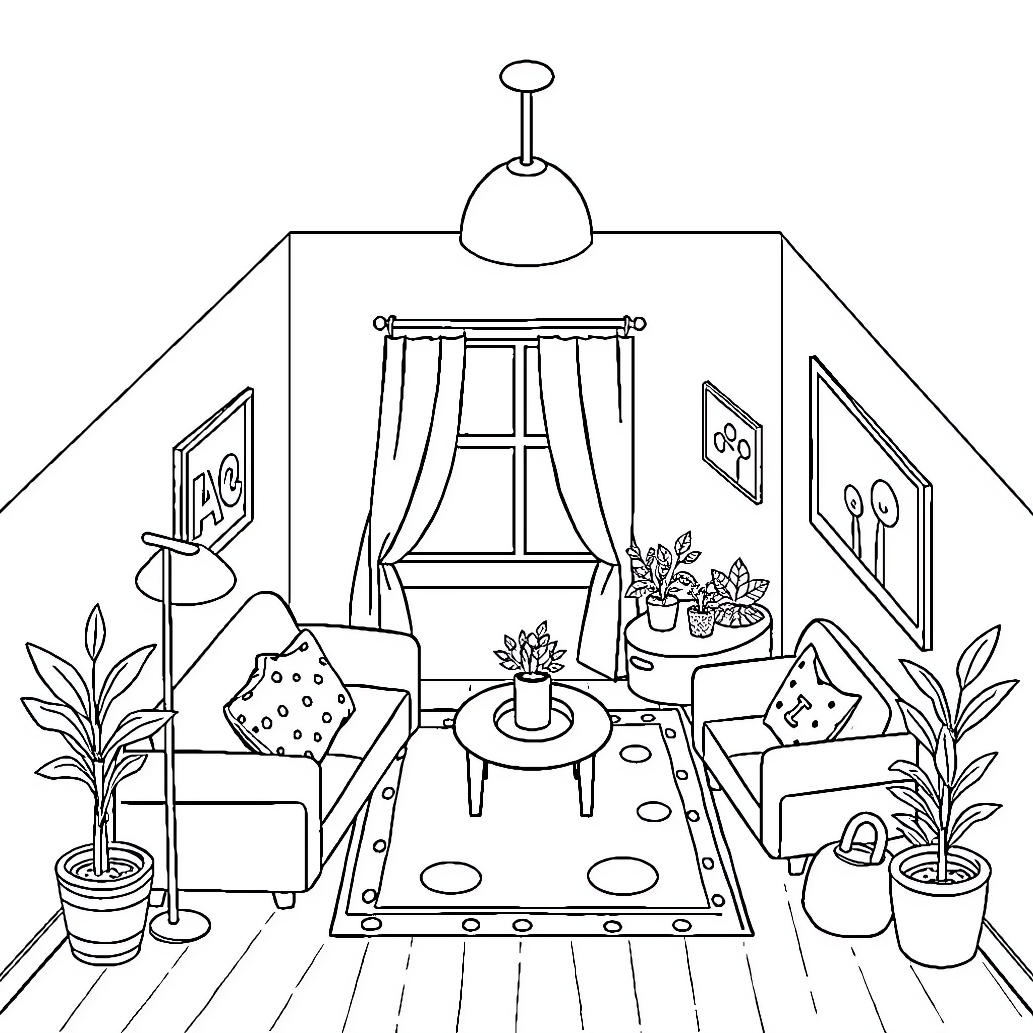Room with cozy furnishings and decor Coloring Page (free black-and-white line drawing printable PDF for all, from beginners to advanced learners, including children, teens, adults, and seniors)