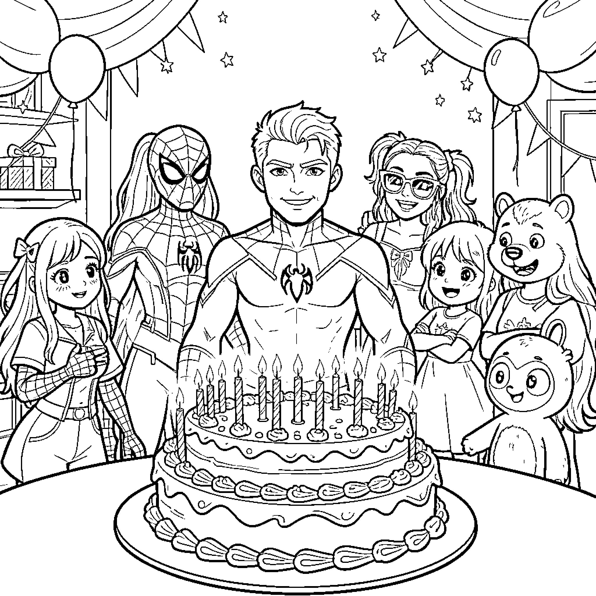 Marcus and friends celebrating with a birthday cake Coloring Page (free black-and-white line drawing printable PDF for all, from beginners to advanced learners, including children, teens, adults, and seniors)