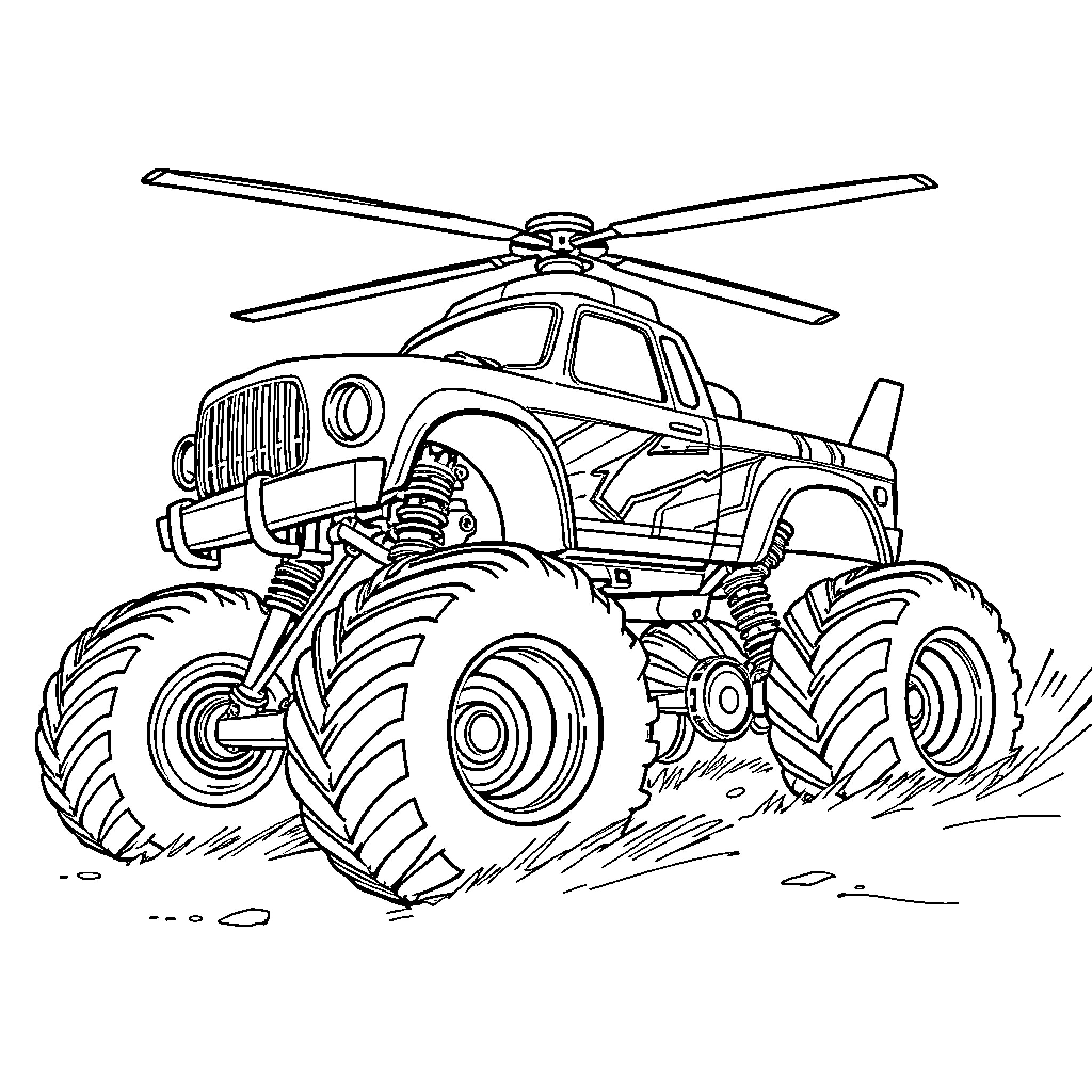 Monster Truck Helicopter Hybrid Conquering Terrain Coloring Page (free black-and-white line drawing printable PDF for all, from beginners to advanced learners, including children, teens, adults, and seniors)
