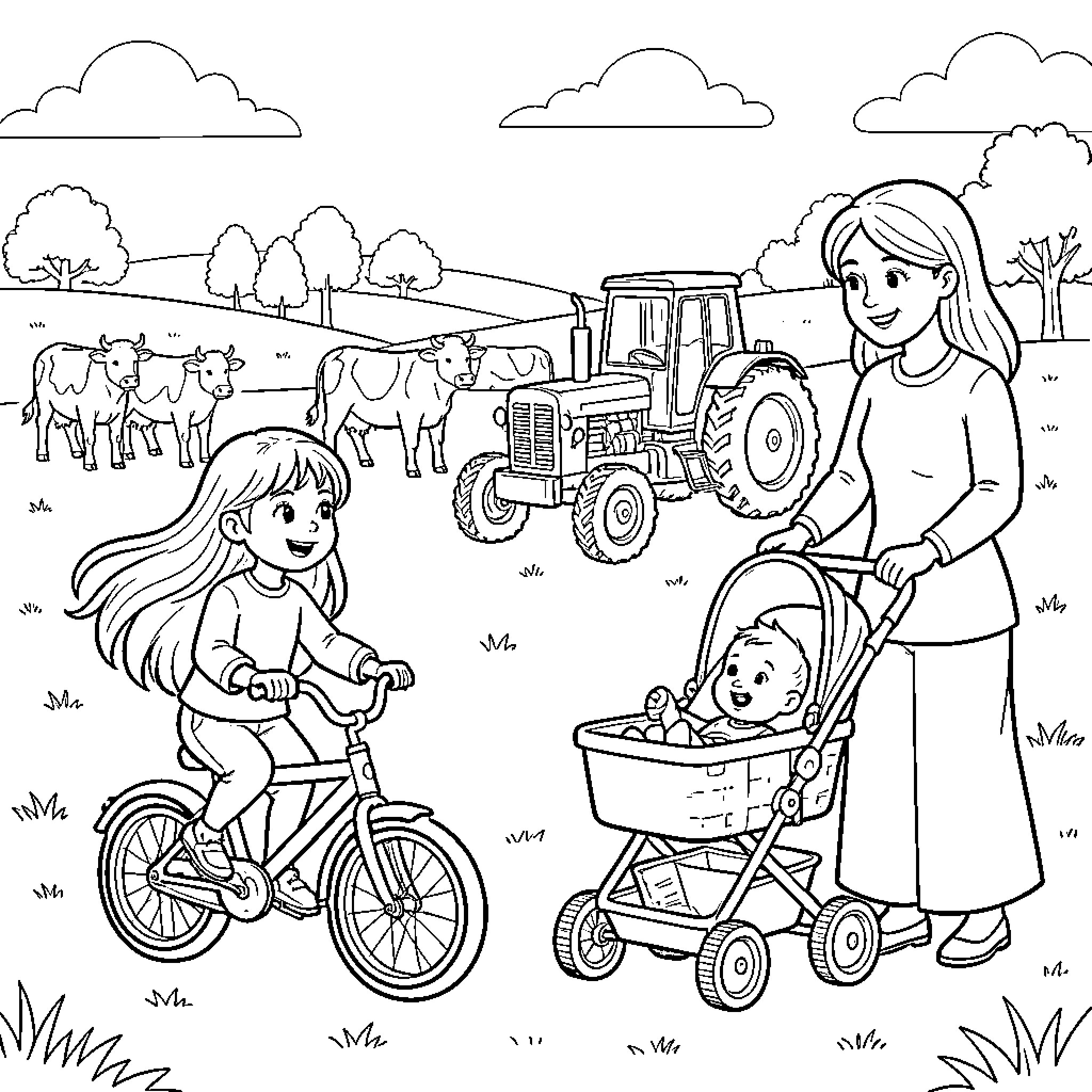 Fille riding a bicycle while mother pushes stroller Coloring Page (free black-and-white line drawing printable PDF for all, from beginners to advanced learners, including children, teens, adults, and seniors)