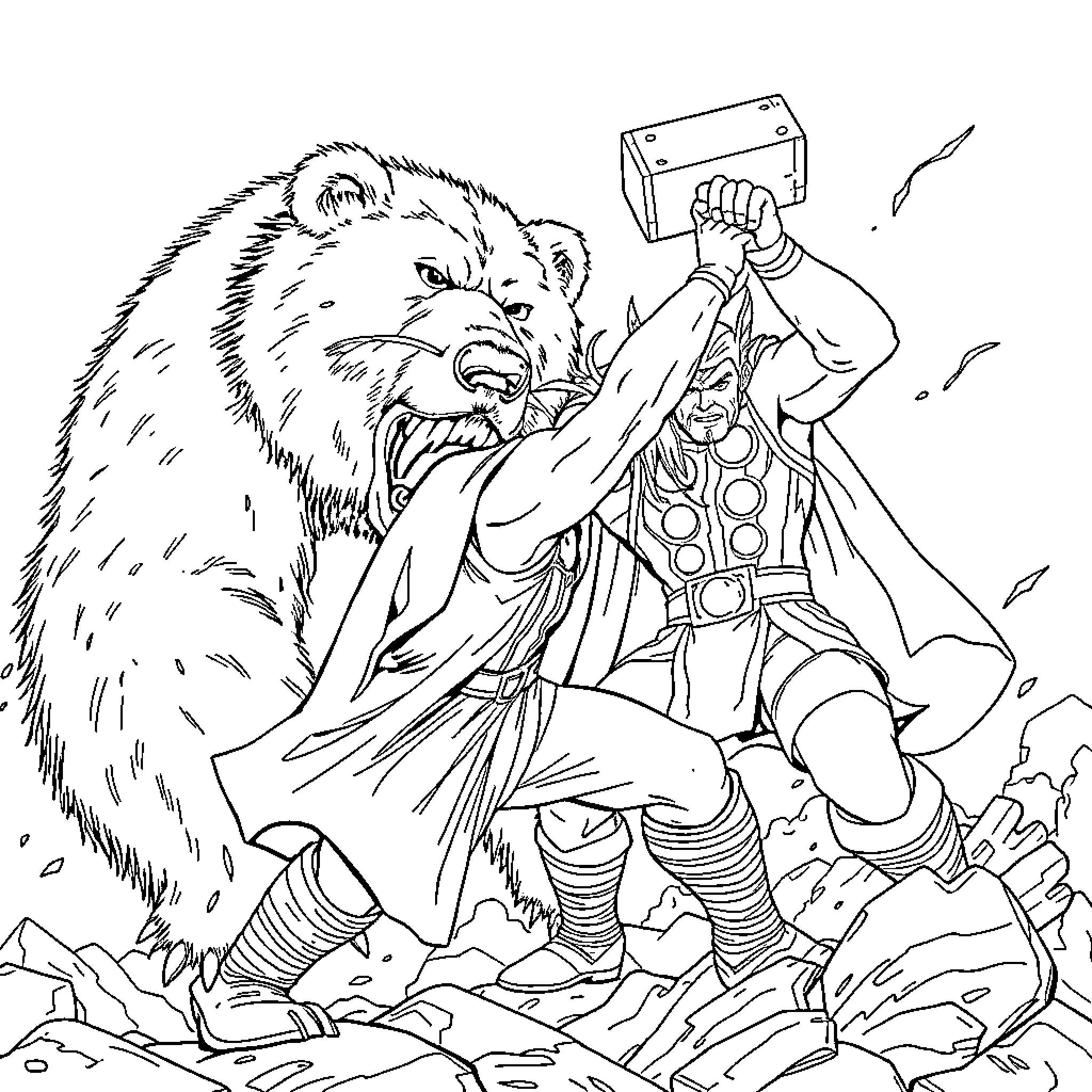 Thor Wielding Mjolnir Against Fierce Beast Coloring Page (free black-and-white line drawing printable PDF for all, from beginners to advanced learners, including children, teens, adults, and seniors)