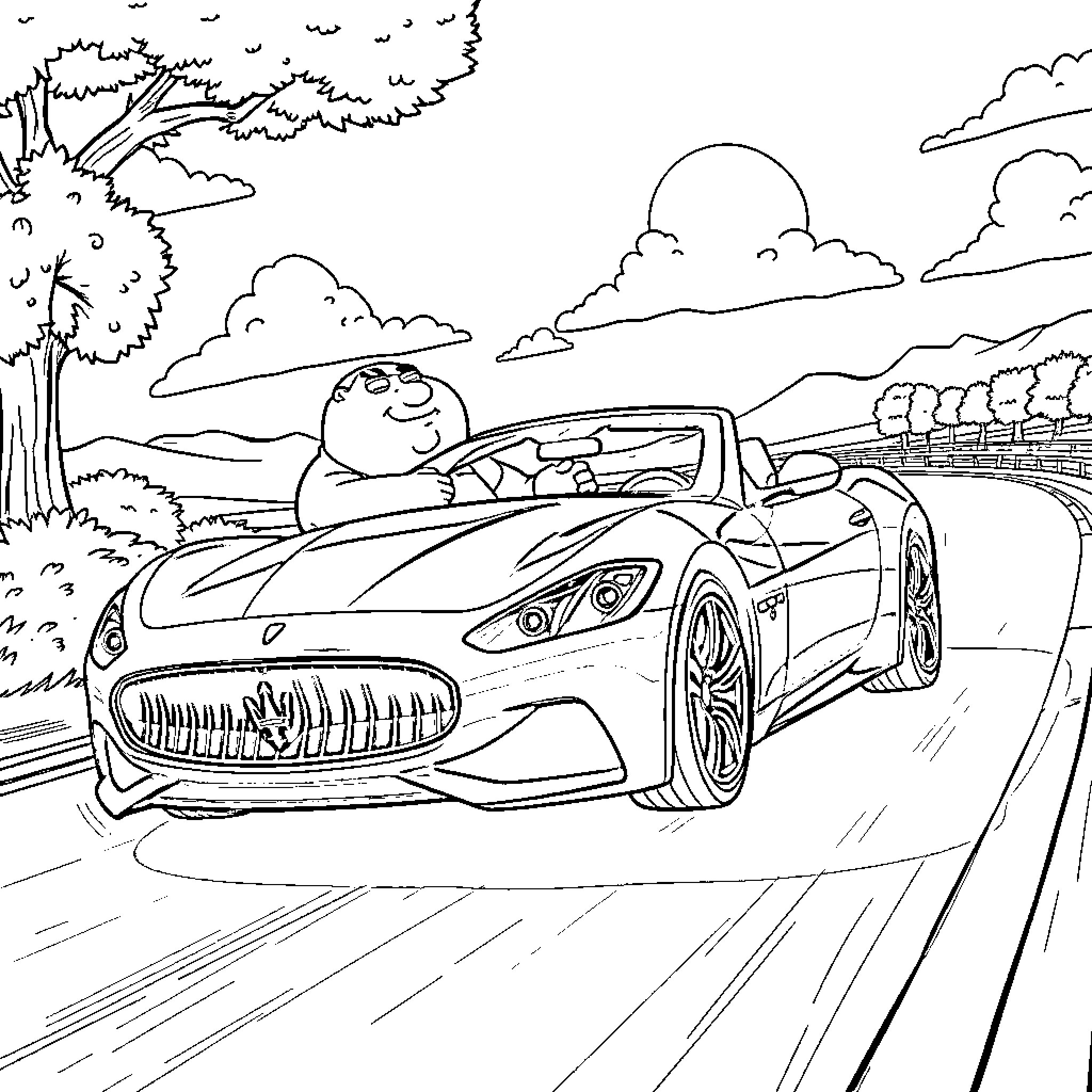 Peter Griffin driving a sports car on the open road Coloring Page (free black-and-white line drawing printable PDF for all, from beginners to advanced learners, including children, teens, adults, and seniors)