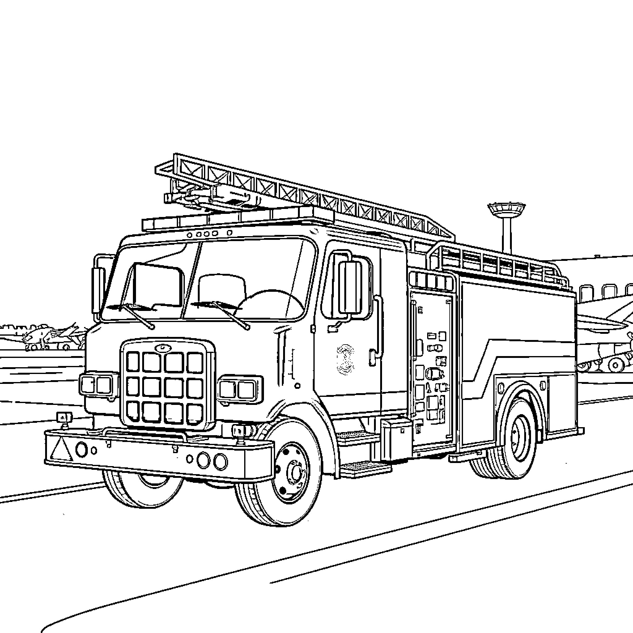 Fire Truck Responding to Emergency Scene Coloring Page (free black-and-white line drawing printable PDF for all, from beginners to advanced learners, including children, teens, adults, and seniors)