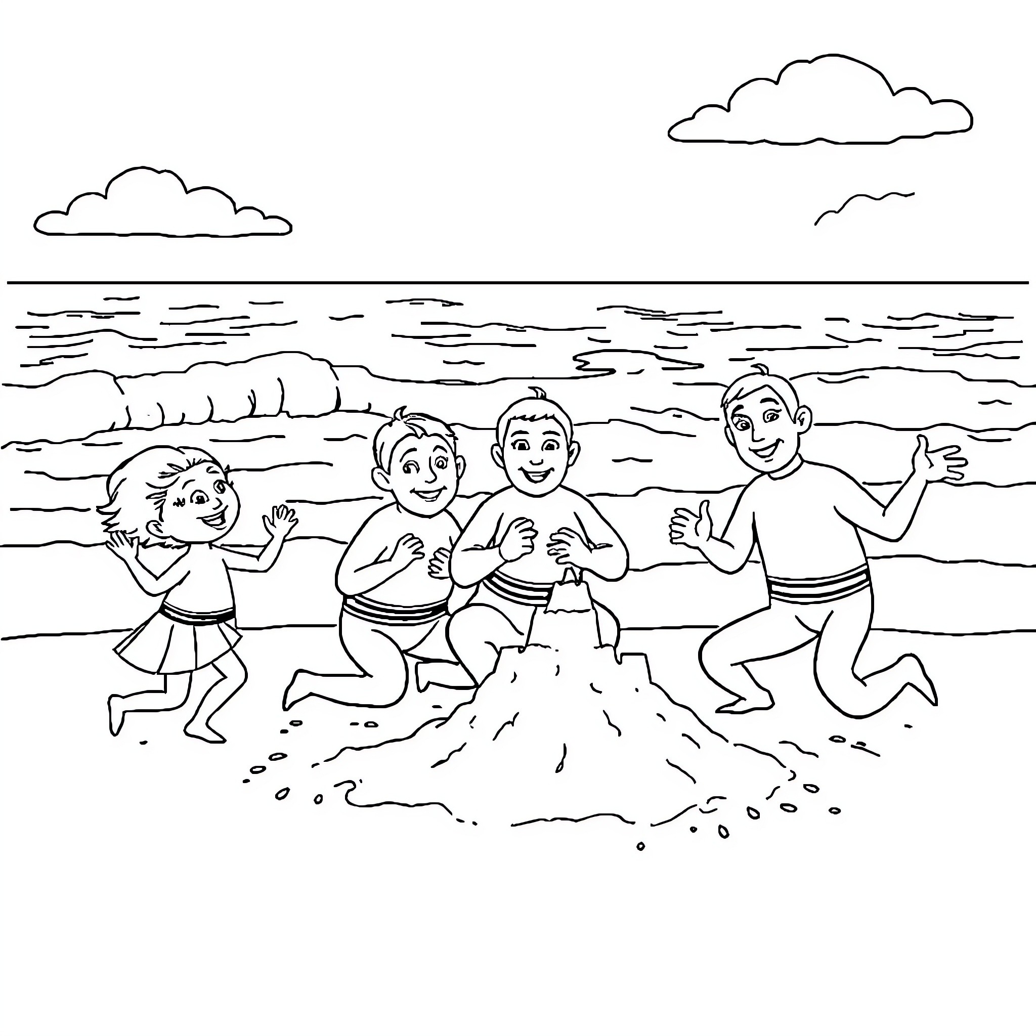 Wiggles and splashes by the beach Coloring Page (free black-and-white line drawing printable PDF for all, from beginners to advanced learners, including children, teens, adults, and seniors)