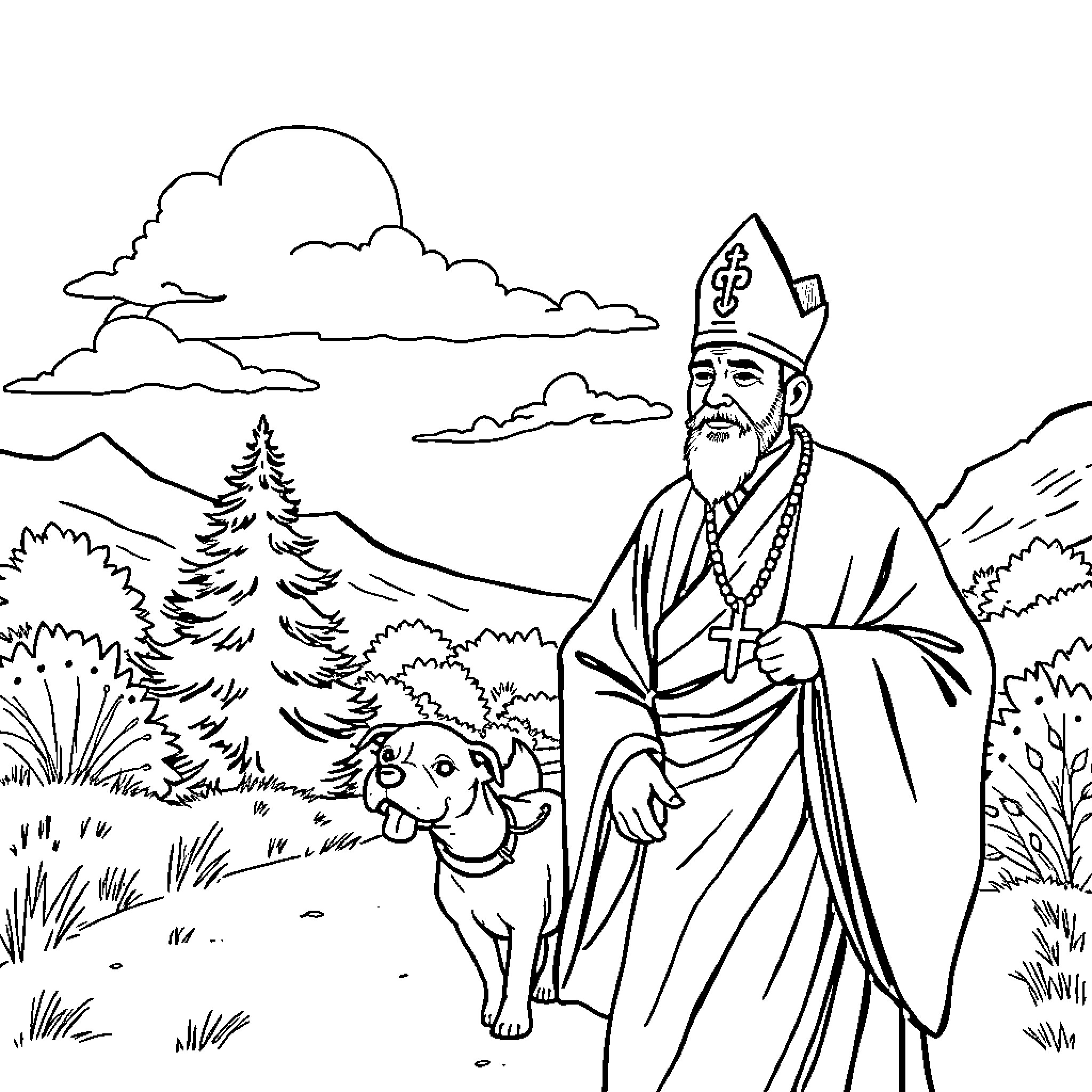 Bishop walking with his canine companion in the wilderness Coloring Page (free black-and-white line drawing printable PDF for all, from beginners to advanced learners, including children, teens, adults, and seniors)