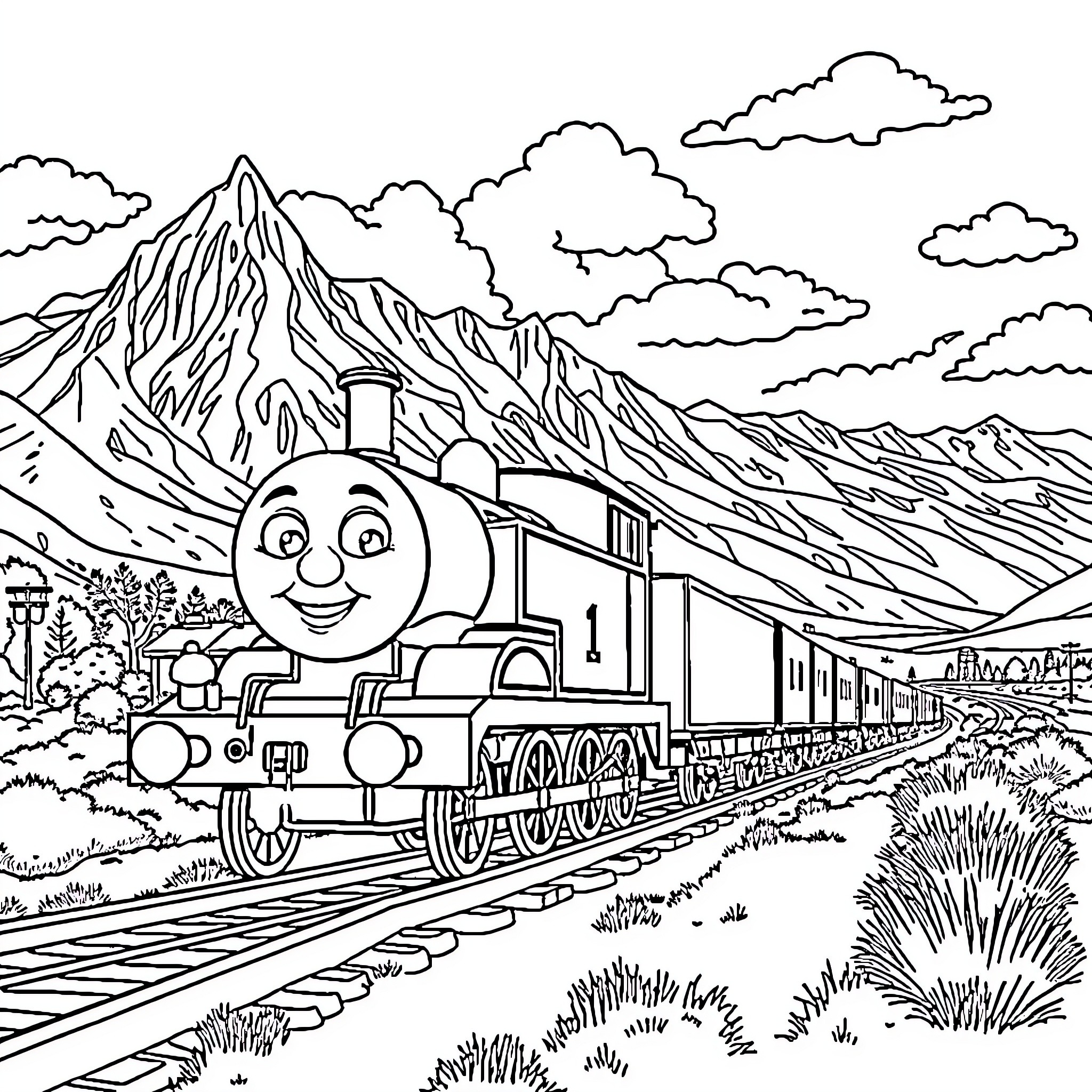 Thomas's Joyful Train Ride through the Mountains Coloring Page (free black-and-white line drawing printable PDF for all, from beginners to advanced learners, including children, teens, adults, and seniors)