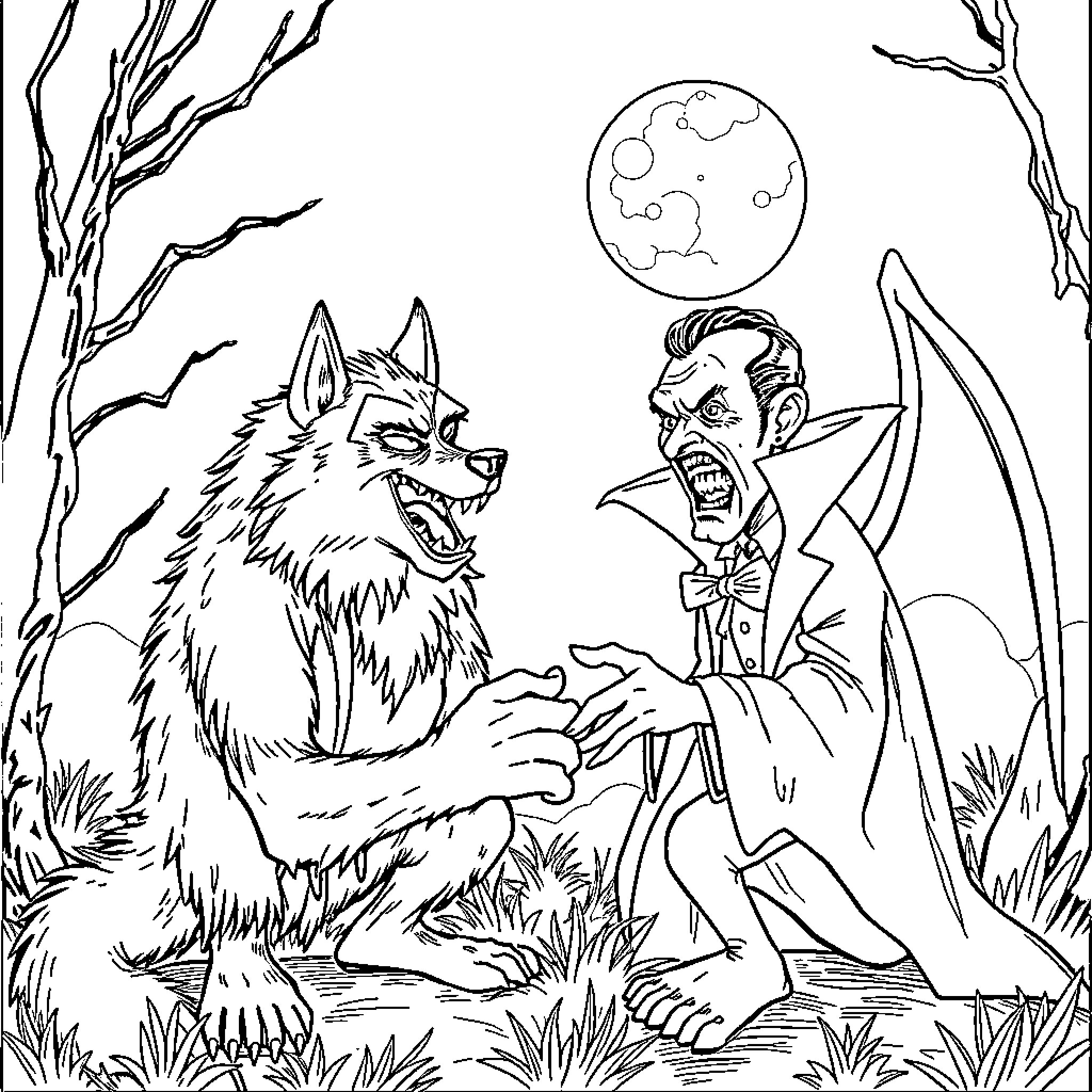 Werewolf confronting terrified man in the moonlit forest Coloring Page (free black-and-white line drawing printable PDF for all, from beginners to advanced learners, including children, teens, adults, and seniors)