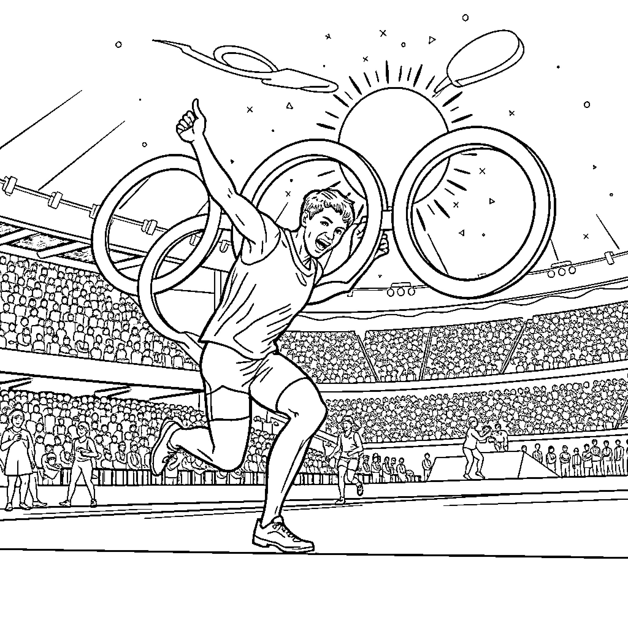 Olympic Athlete Competing in Track and Field Event Coloring Page (free black-and-white line drawing printable PDF for all, from beginners to advanced learners, including children, teens, adults, and seniors)