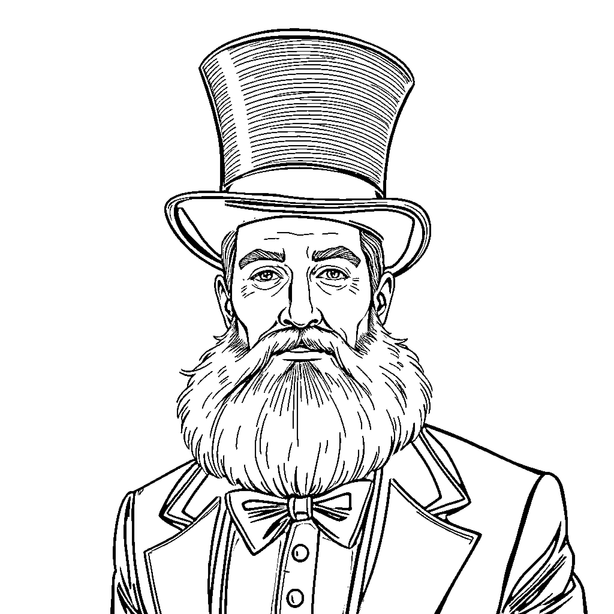 Man with Mustache and Top Hat in Formal Attire Coloring Page (free black-and-white line drawing printable PDF for all, from beginners to advanced learners, including children, teens, adults, and seniors)