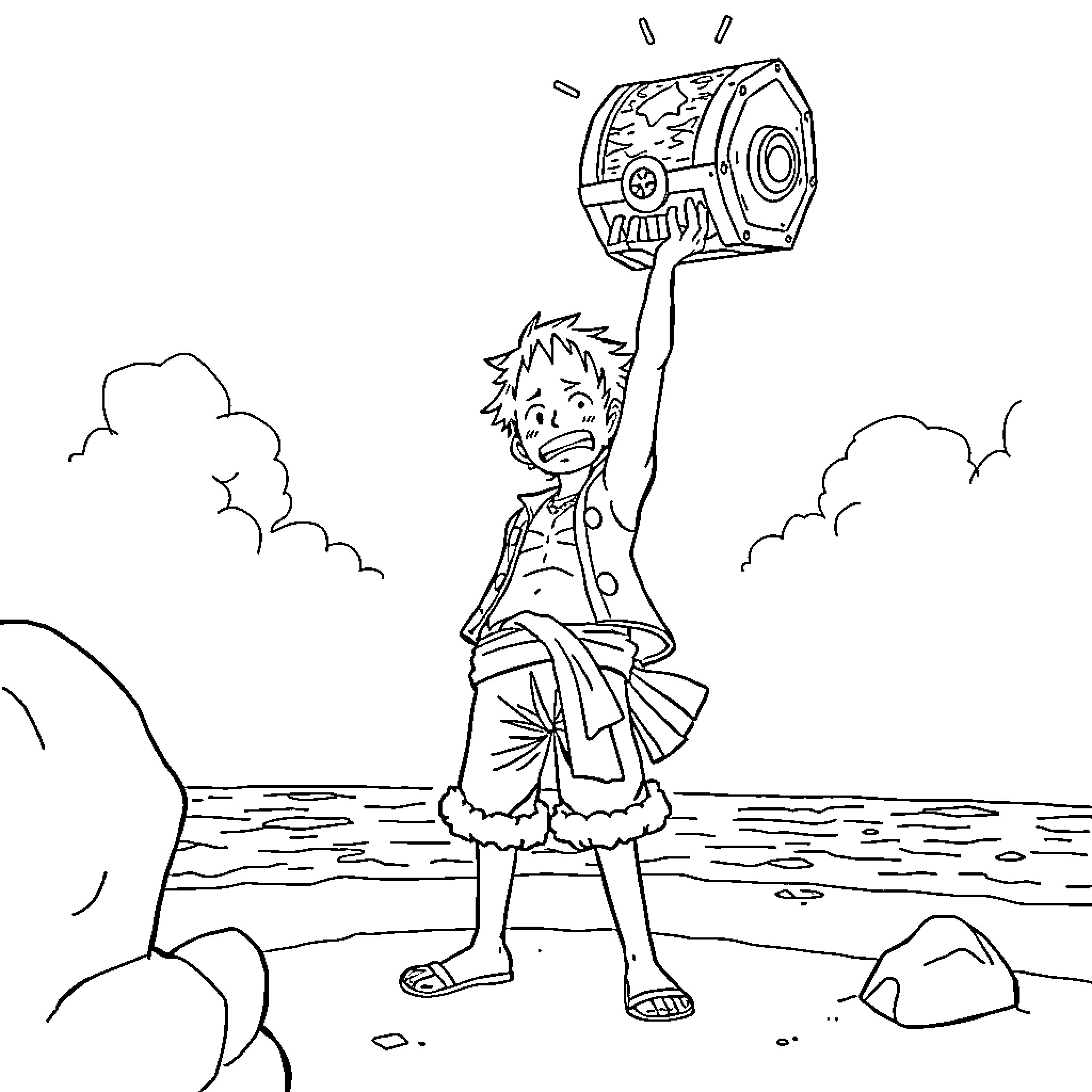 Luffy's Treasure Hunting Adventure Coloring Page (free black-and-white line drawing printable PDF for all, from beginners to advanced learners, including children, teens, adults, and seniors)