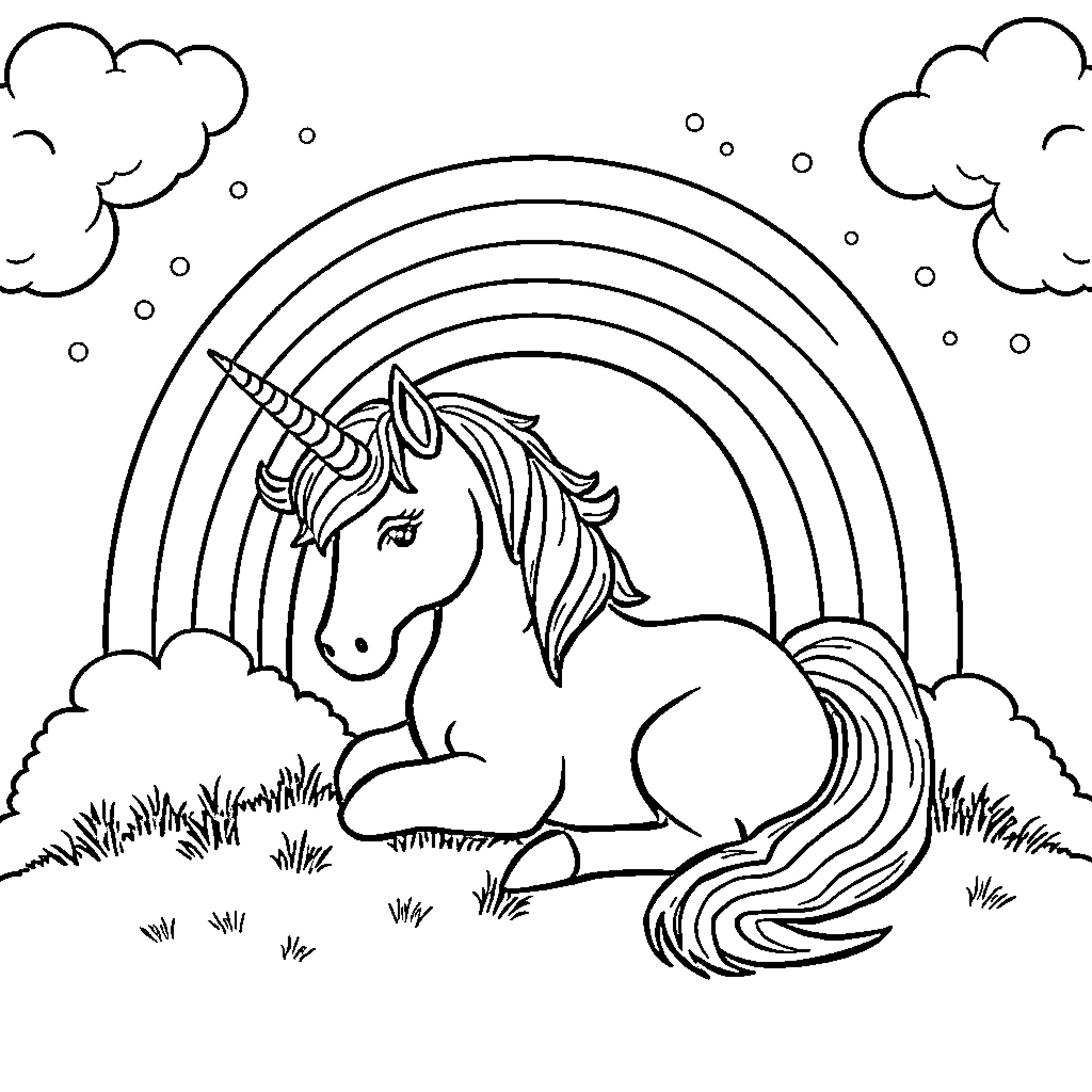 Unicorn resting in a grassy field with a rainbow Coloring Page (free black-and-white line drawing printable PDF for all, from beginners to advanced learners, including children, teens, adults, and seniors)