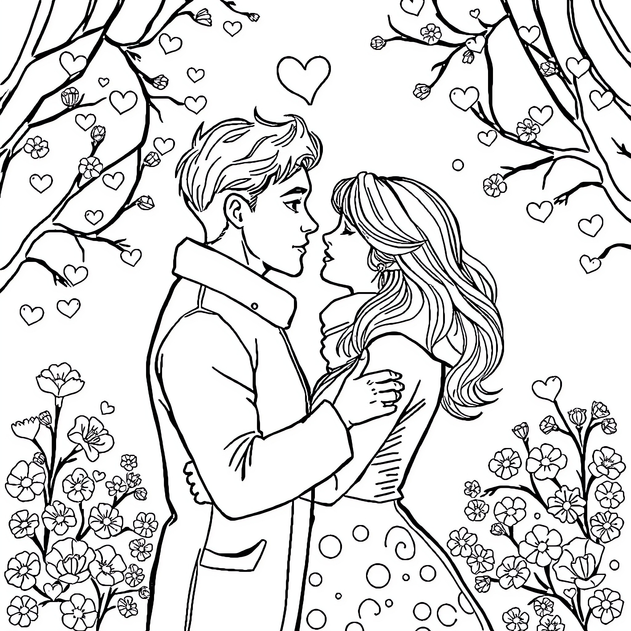 Histoire of young couple embracing in a romantic setting Coloring Page (free black-and-white line drawing printable PDF for all, from beginners to advanced learners, including children, teens, adults, and seniors)