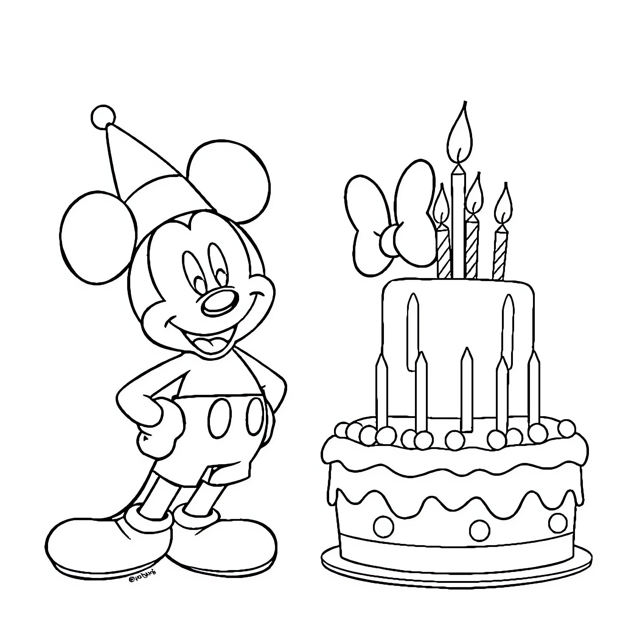 Mickey Mouse celebrating with birthday cake Coloring Page (free black-and-white line drawing printable PDF for all, from beginners to advanced learners, including children, teens, adults, and seniors)