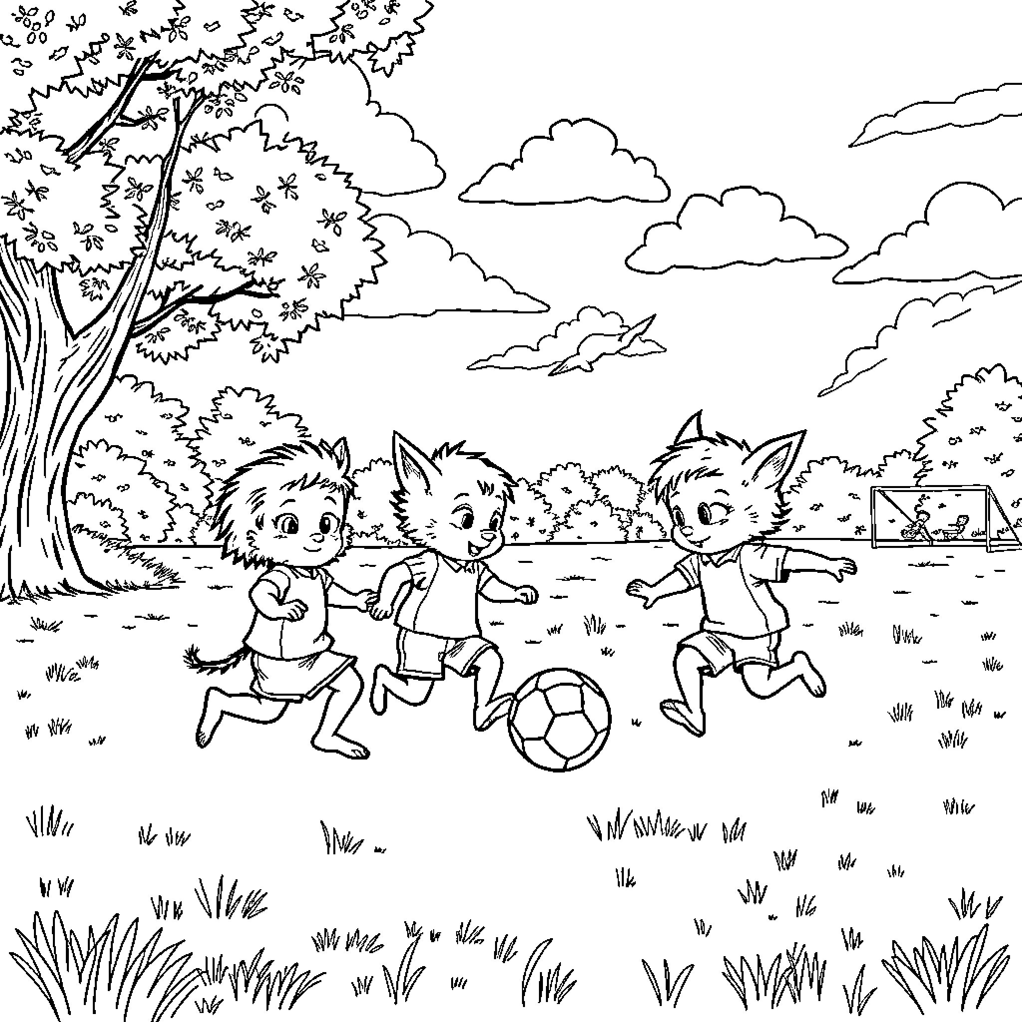Minion friends playing soccer in the park Coloring Page (free black-and-white line drawing printable PDF for all, from beginners to advanced learners, including children, teens, adults, and seniors)