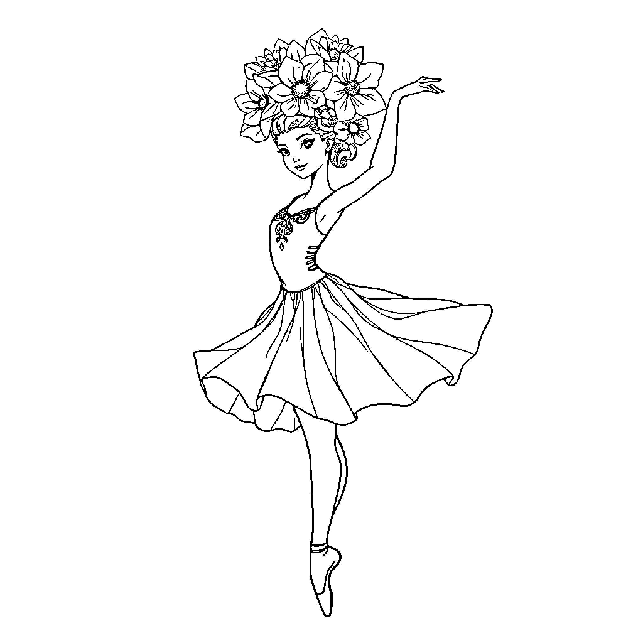 Ballerina performing graceful dance with flower headdress Coloring Page (free black-and-white line drawing printable PDF for all, from beginners to advanced learners, including children, teens, adults, and seniors)