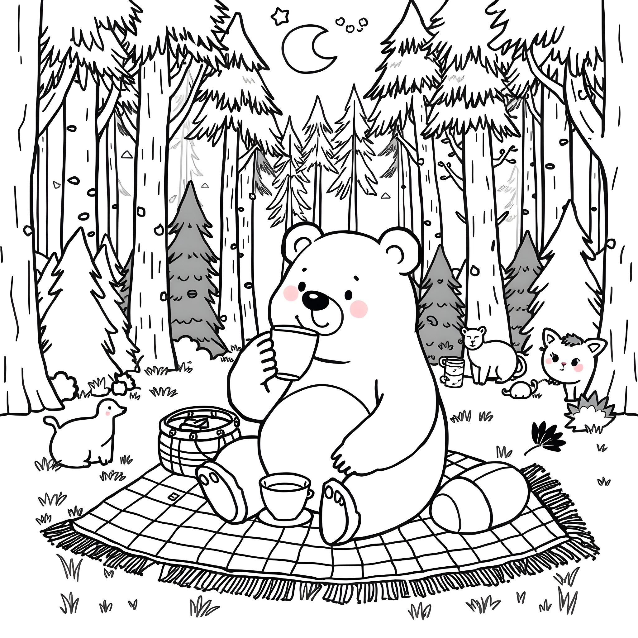 Bear enjoying picnic in the forest with animal friends Coloring Page (free black-and-white line drawing printable PDF for all, from beginners to advanced learners, including children, teens, adults, and seniors)