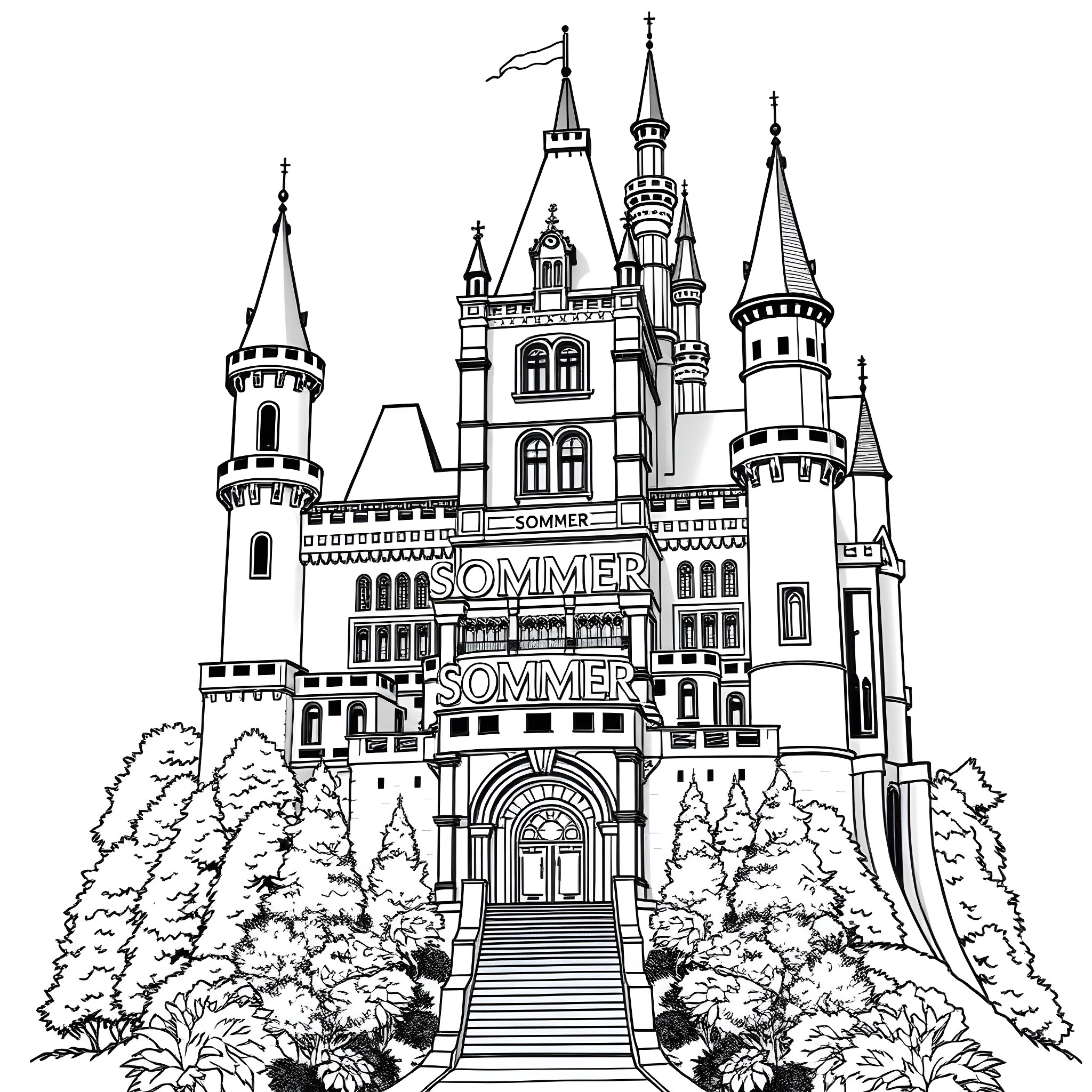 Castle with Ornate Architecture and Decorative Elements Coloring Page (free black-and-white line drawing printable PDF for all, from beginners to advanced learners, including children, teens, adults, and seniors)