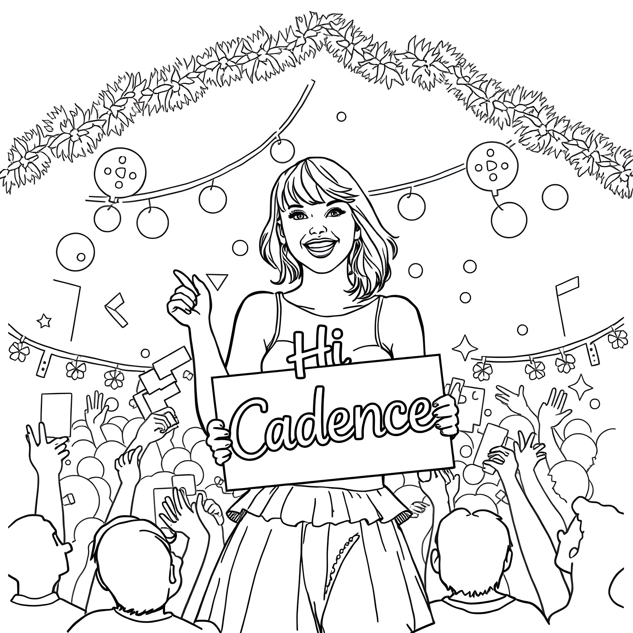 Taylor Swift's Energetic Performance at Cadence Concert Coloring Page (free black-and-white line drawing printable PDF for all, from beginners to advanced learners, including children, teens, adults, and seniors)