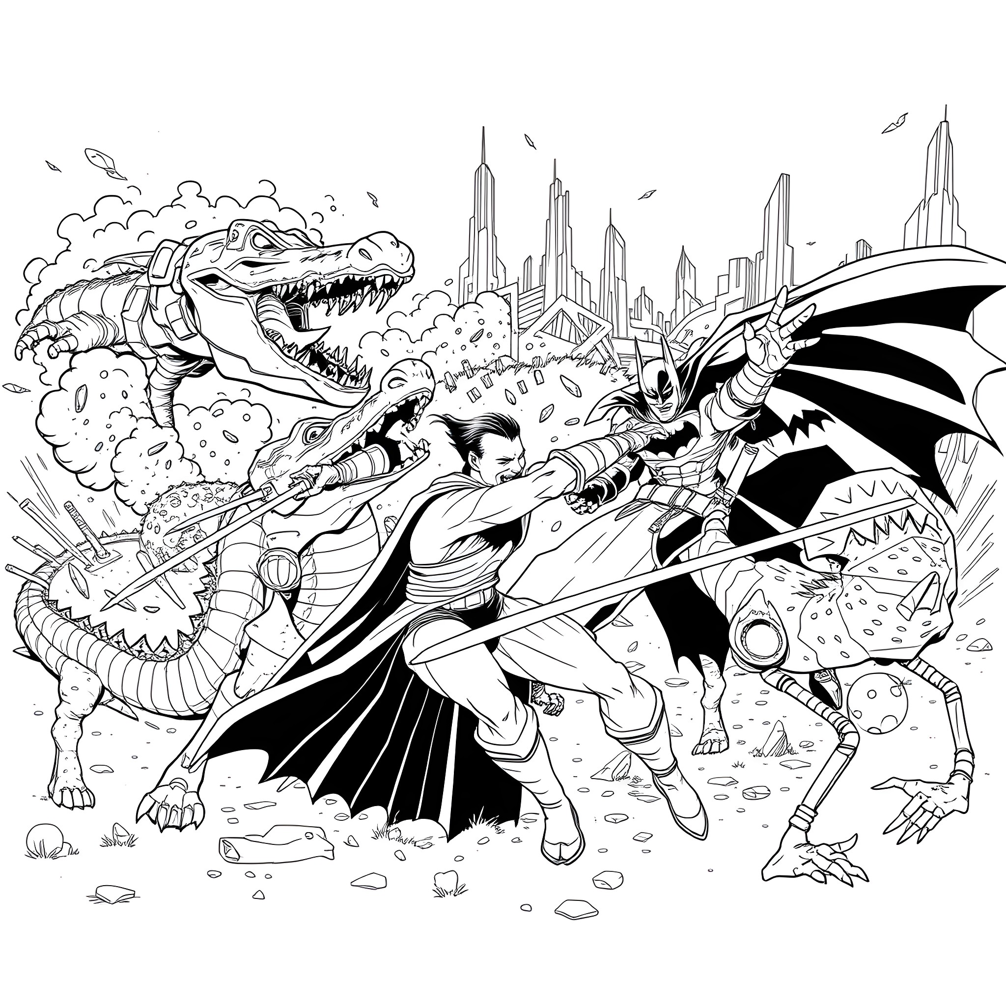Samurai Jack battling monsters in a futuristic city Coloring Page (free black-and-white line drawing printable PDF for all, from beginners to advanced learners, including children, teens, adults, and seniors)