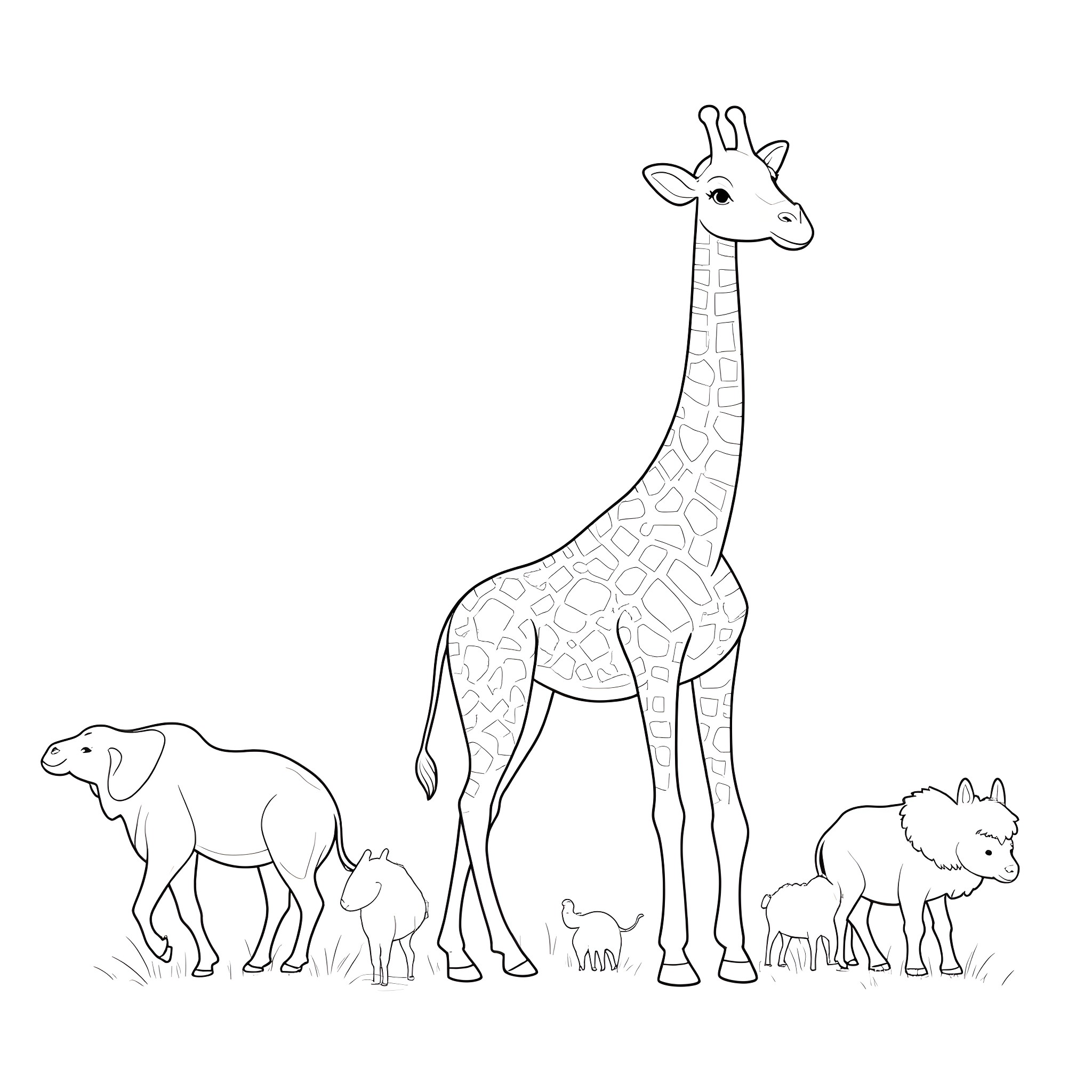 Giraffe and other animals in the wild Coloring Page (free black-and-white line drawing printable PDF for all, from beginners to advanced learners, including children, teens, adults, and seniors)