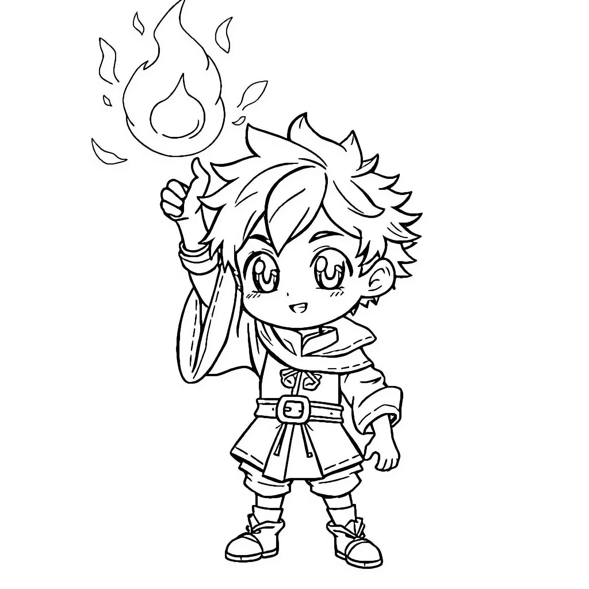 Anime Boy with Fiery Pose and Gear Coloring Page (free black-and-white line drawing printable PDF for all, from beginners to advanced learners, including children, teens, adults, and seniors)
